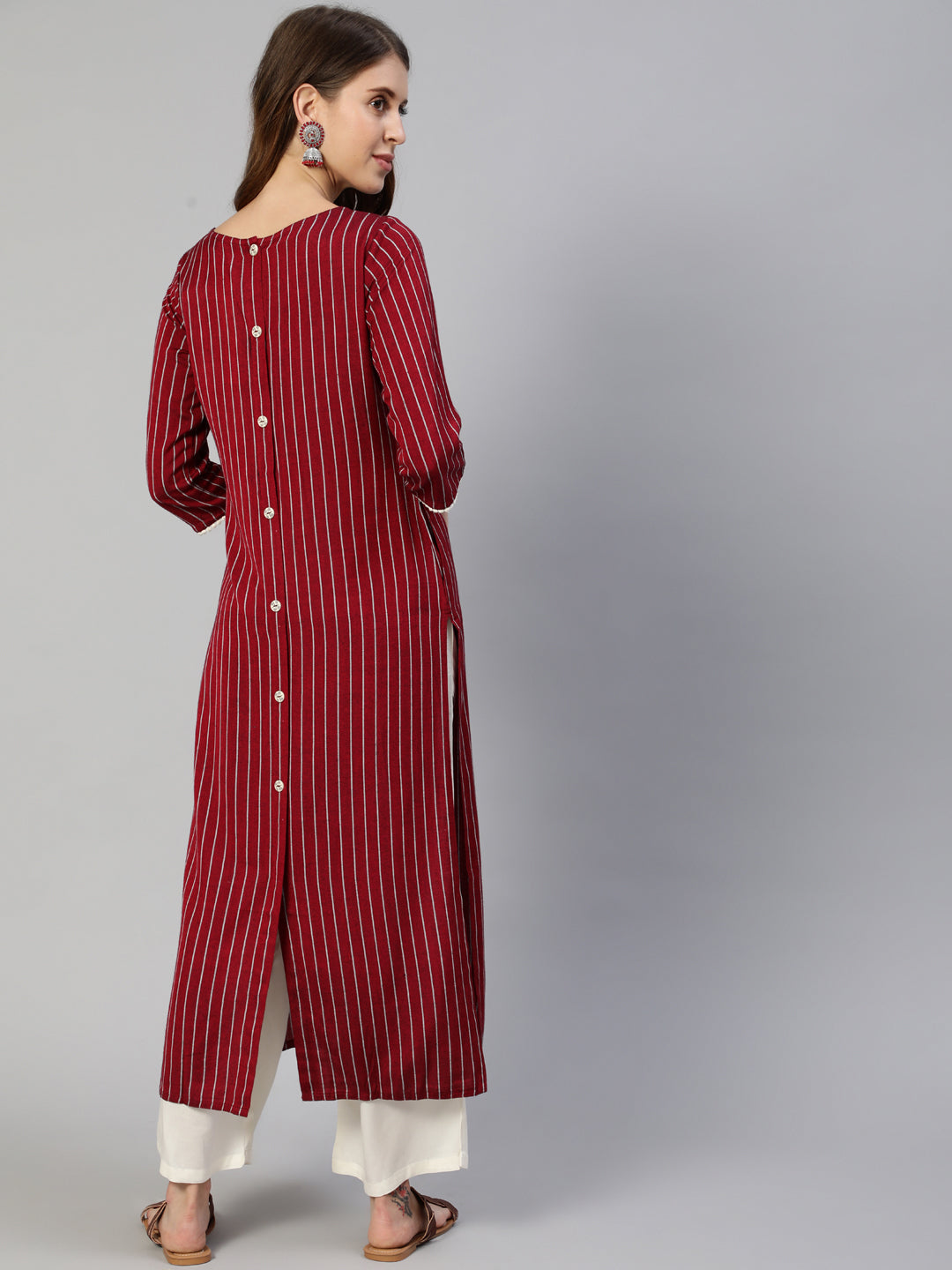 Maroon Yarn Dyed Straight Embroidered Pocket Kurta