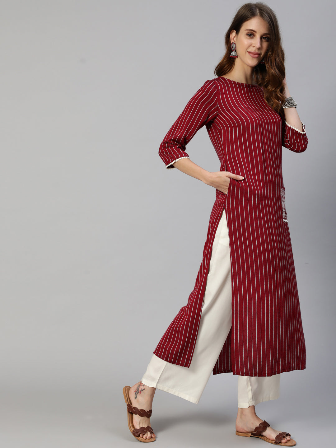 Maroon Yarn Dyed Straight Embroidered Pocket Kurta