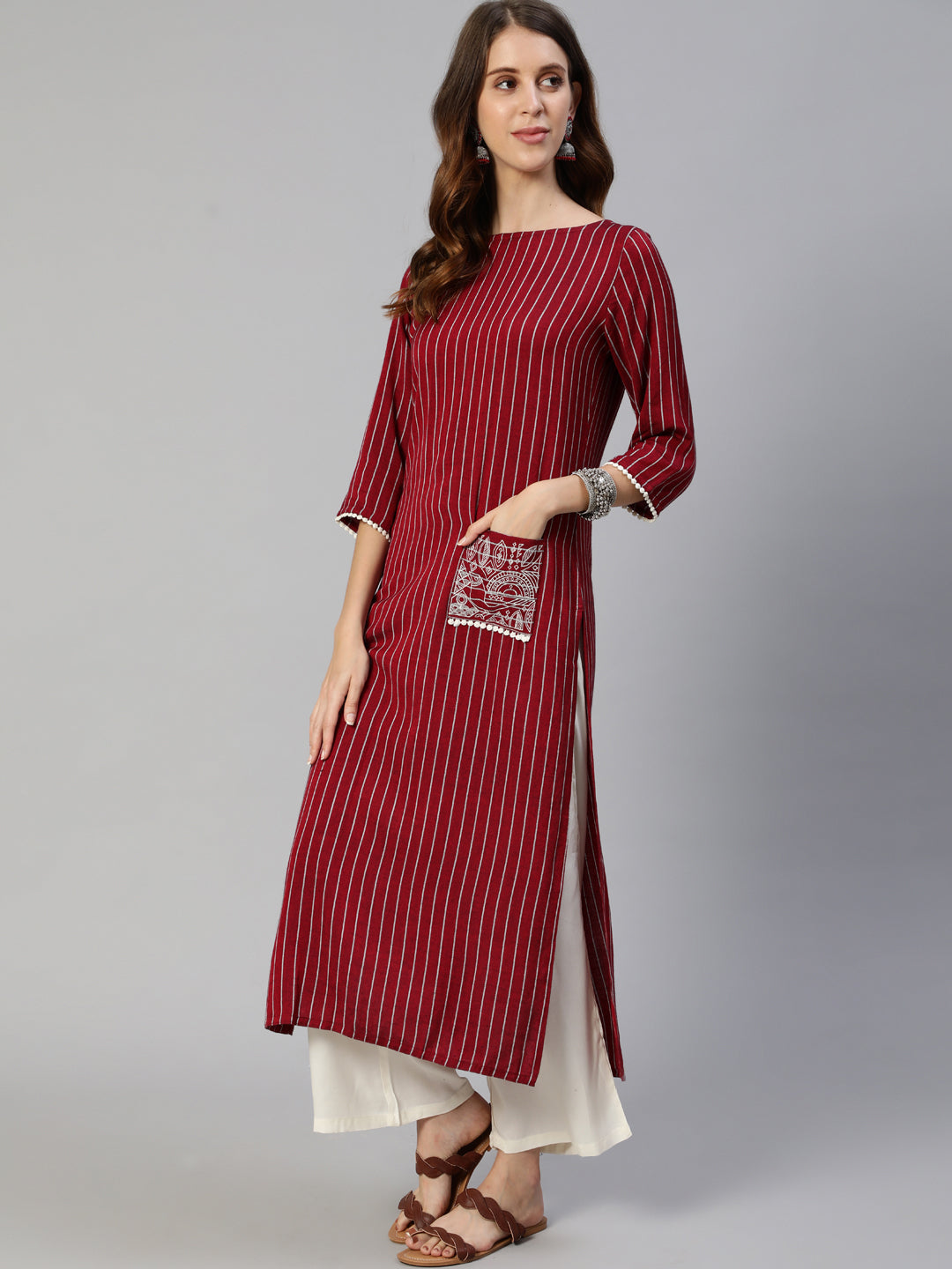 Maroon Yarn Dyed Straight Embroidered Pocket Kurta