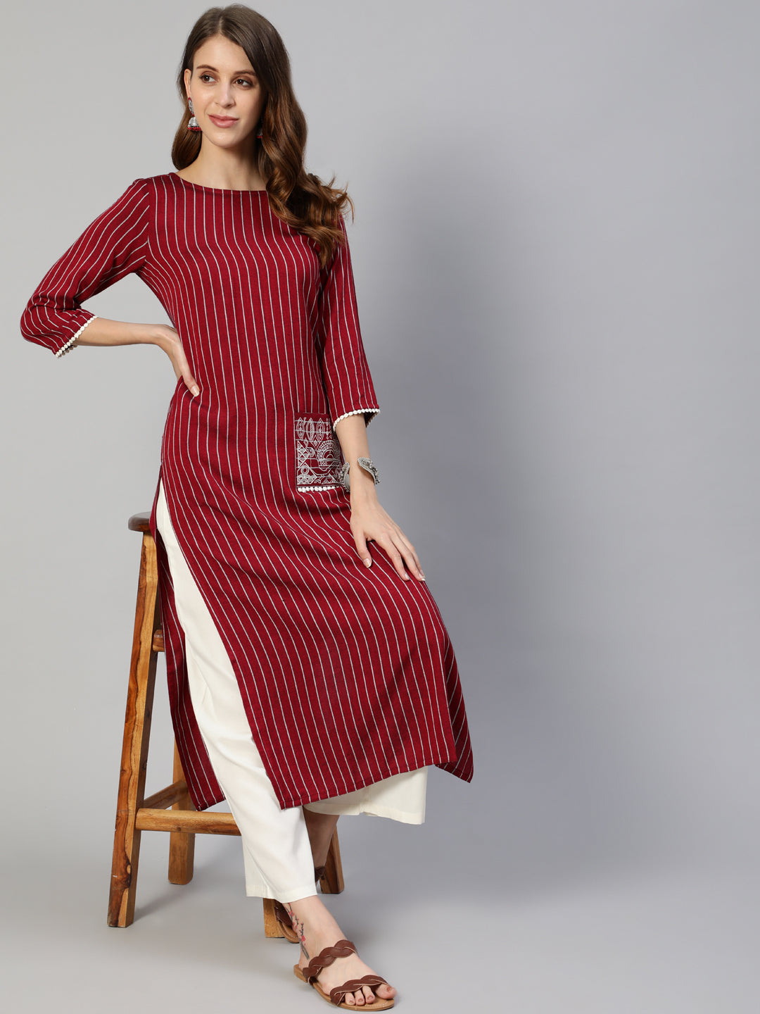Maroon Yarn Dyed Straight Embroidered Pocket Kurta