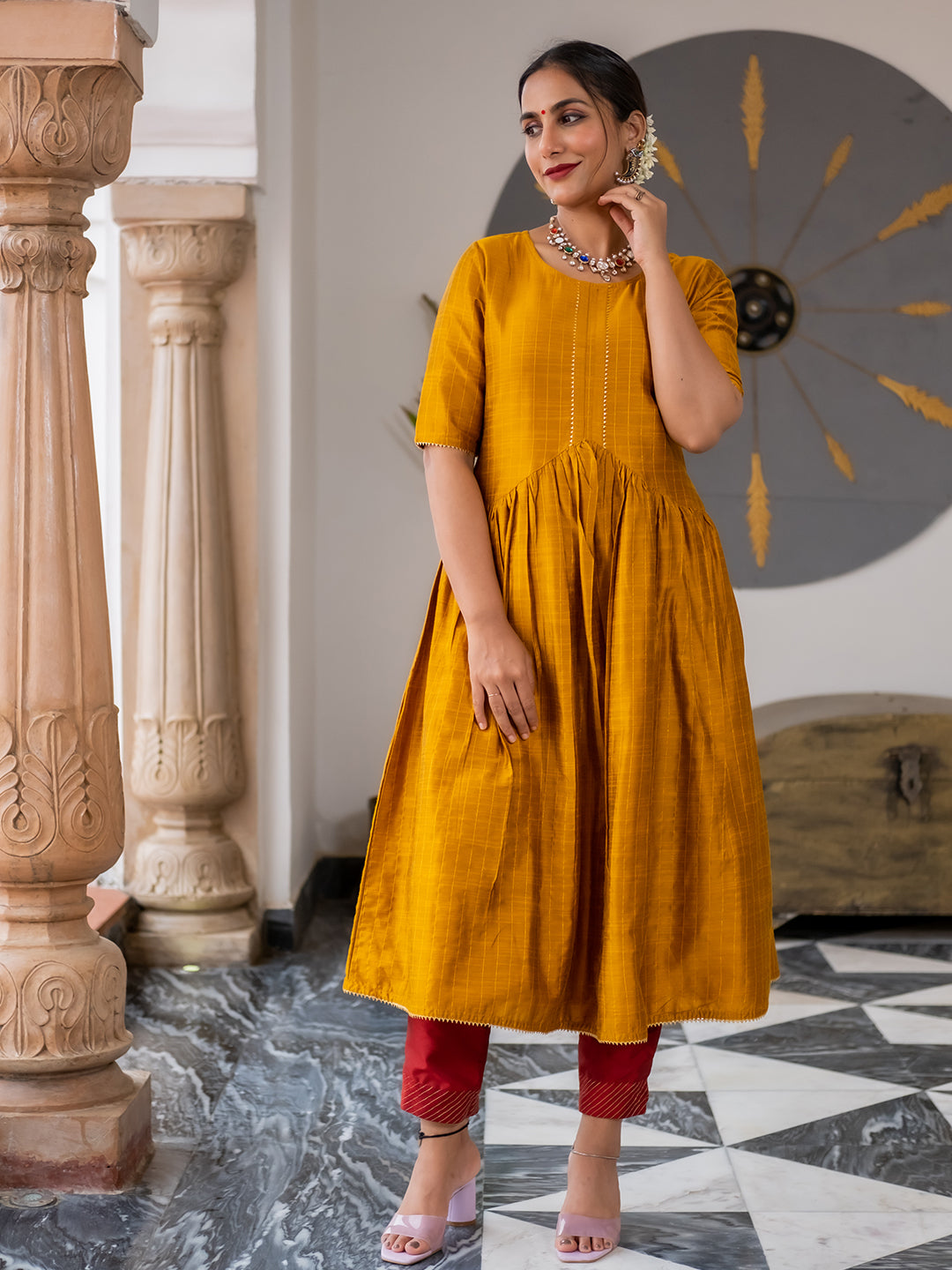 A Line Mustard Chanderi Checks Kurta With Gota Lace