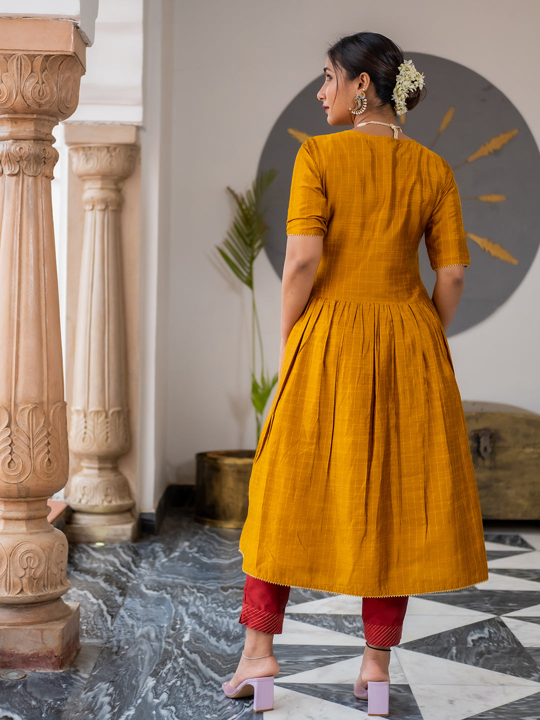 Mustard color A line kurta with pallazo
