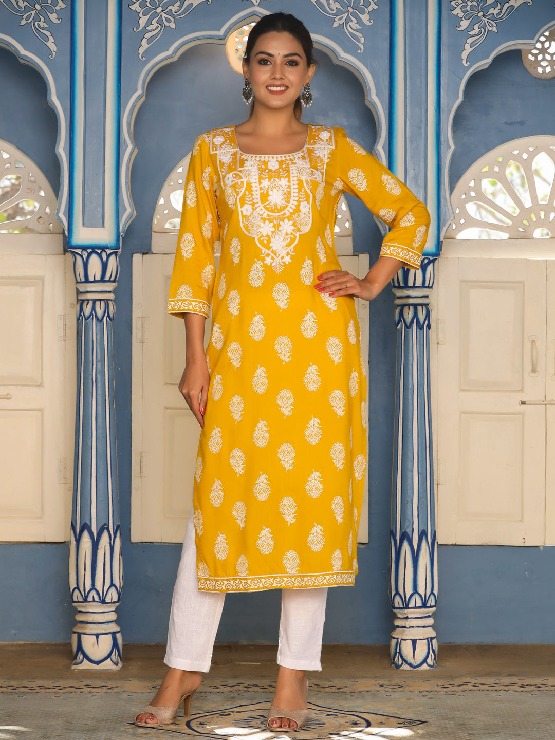 Mustard Heavy Embroidered Khadi Print Straight Kurta