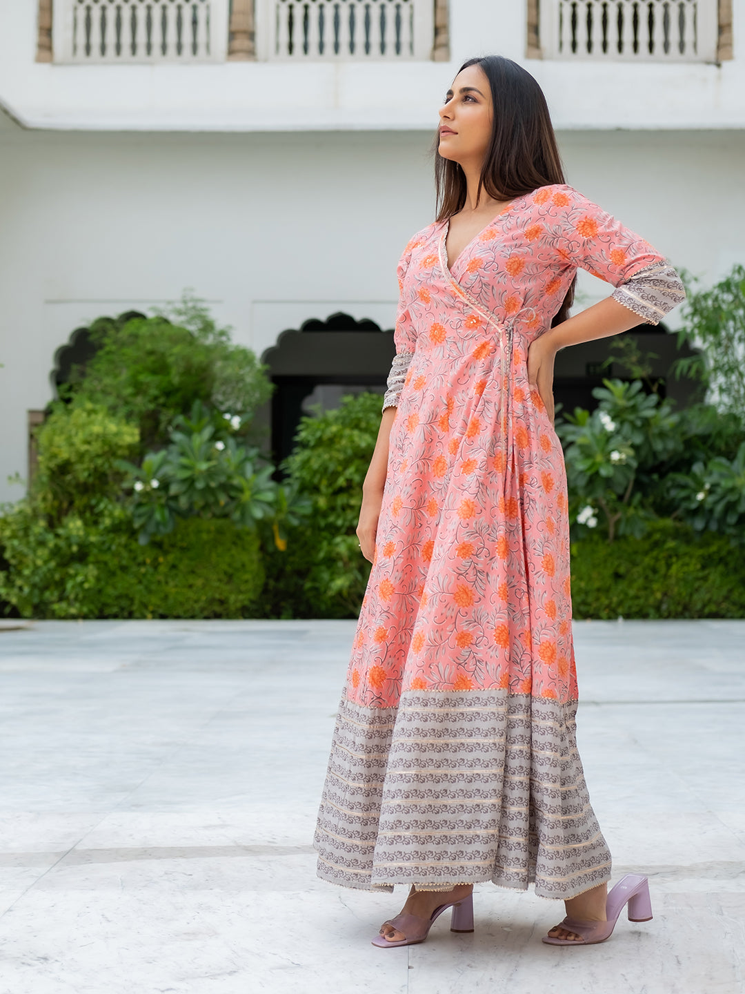 Angrakha Style Printed Pink And Grey Long Flared Kurta