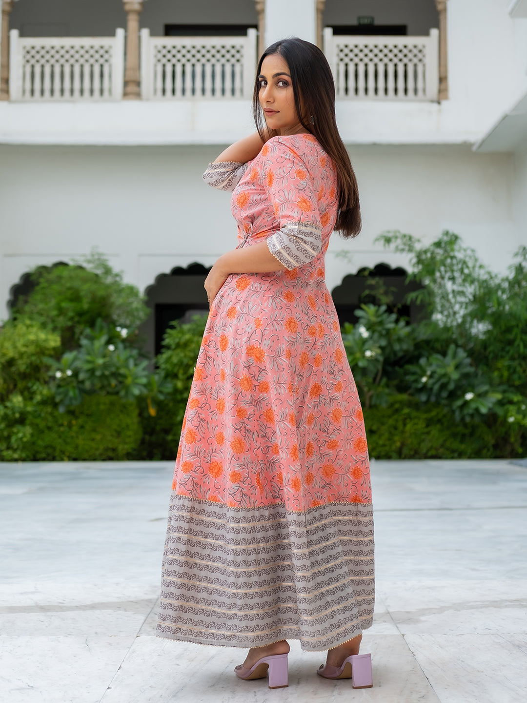 Angrakha Style Printed Pink And Grey Long Flared Kurta