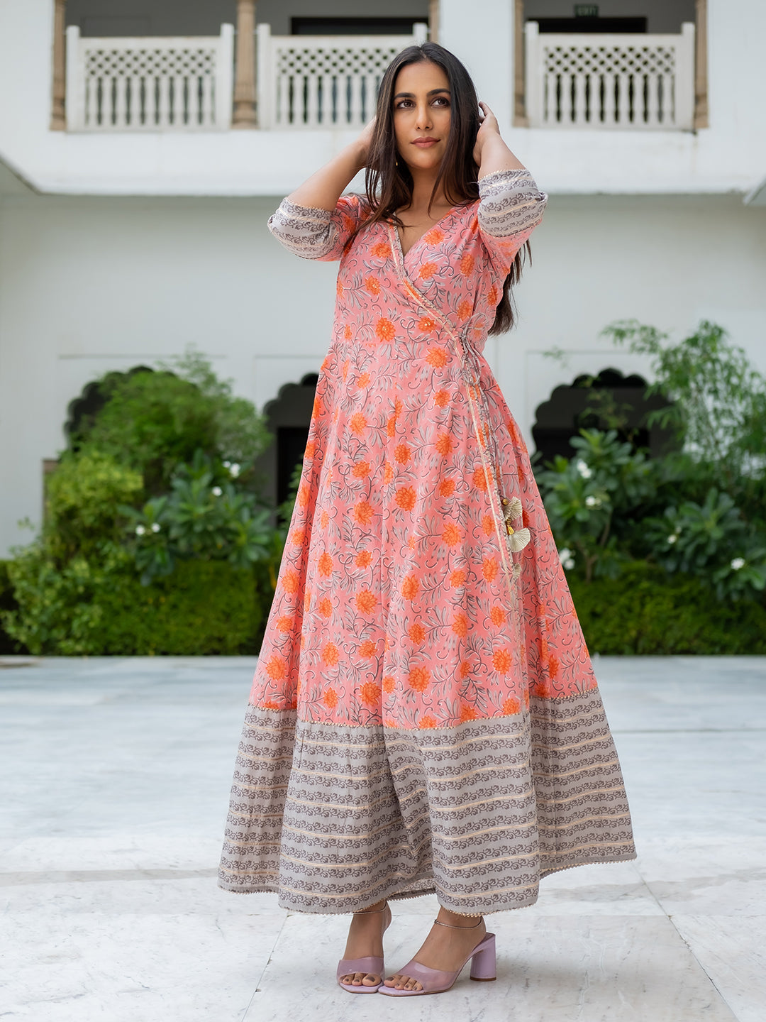 Angrakha Style Printed Pink And Grey Long Flared Kurta