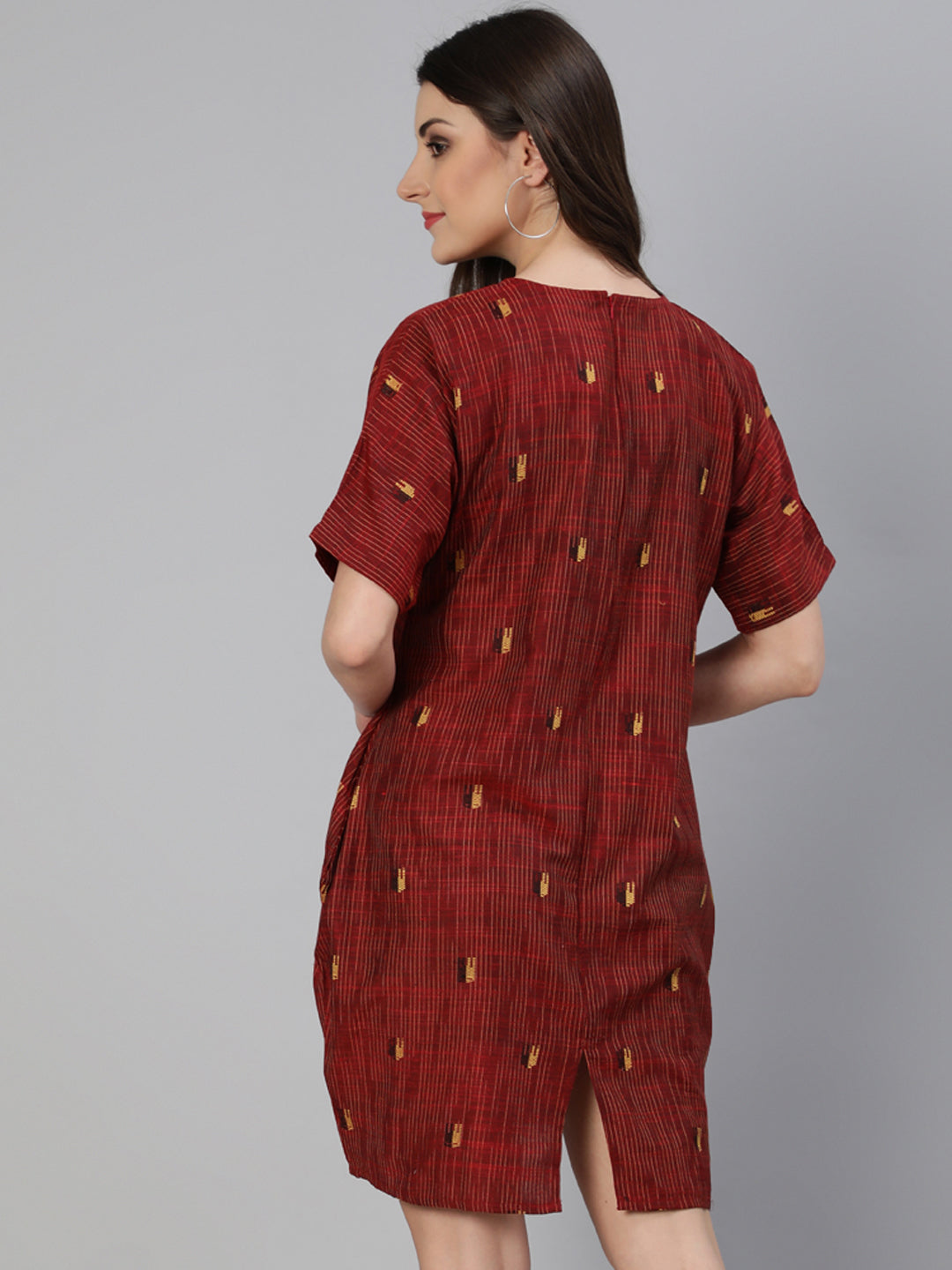 Maroon Yarn Dyed Self Weave Asymmetrical Dress