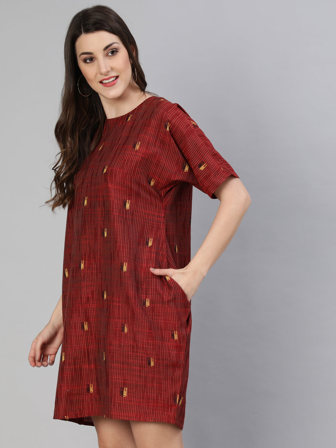 Maroon Yarn Dyed Self Weave Asymmetrical Dress