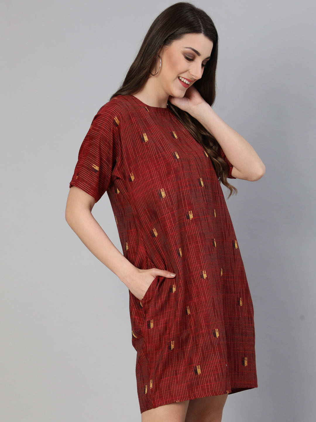 Maroon Yarn Dyed Self Weave Asymmetrical Dress