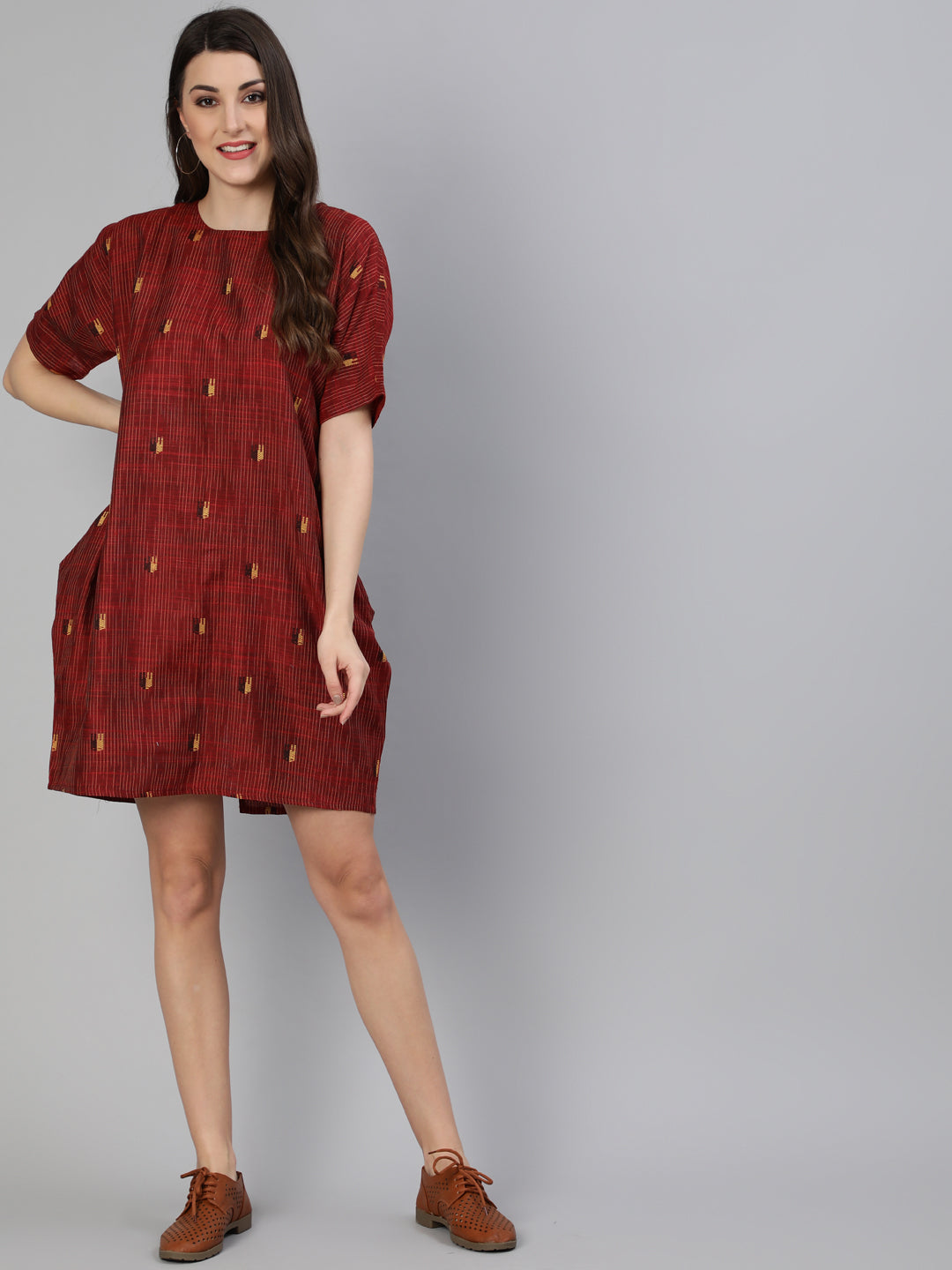 Maroon Yarn Dyed Self Weave Asymmetrical Dress