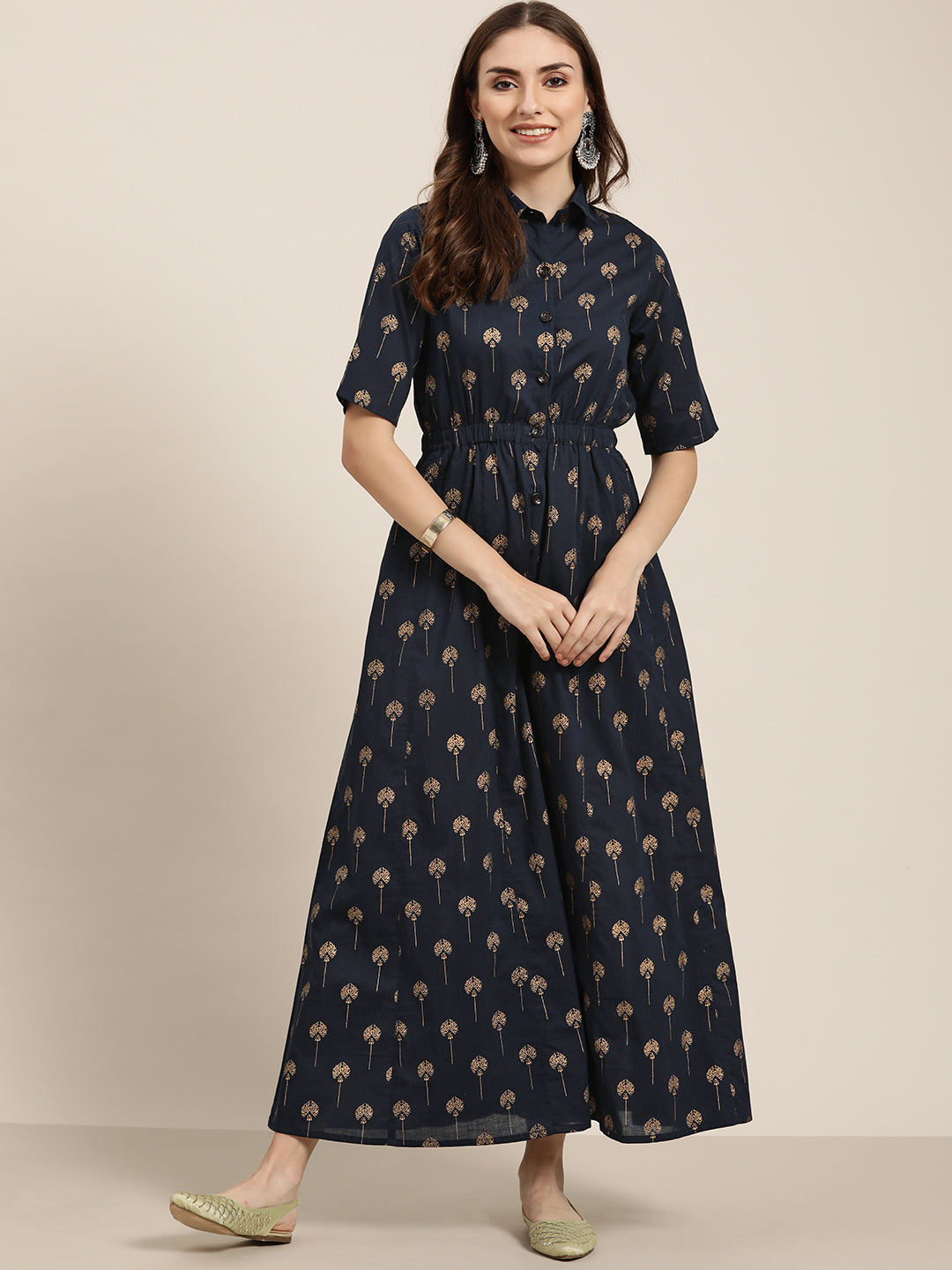 Blue Gold Print Cotton Waist Elasticated Flared Jumpsuit.
