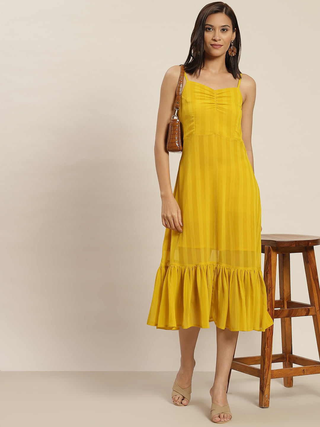 A Yellow Agastya Chiffon Strap Dress With Font Gathers And Flared Hem