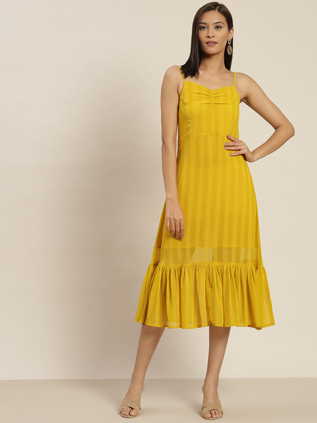 A Yellow Agastya Chiffon Strap Dress With Font Gathers And Flared Hem