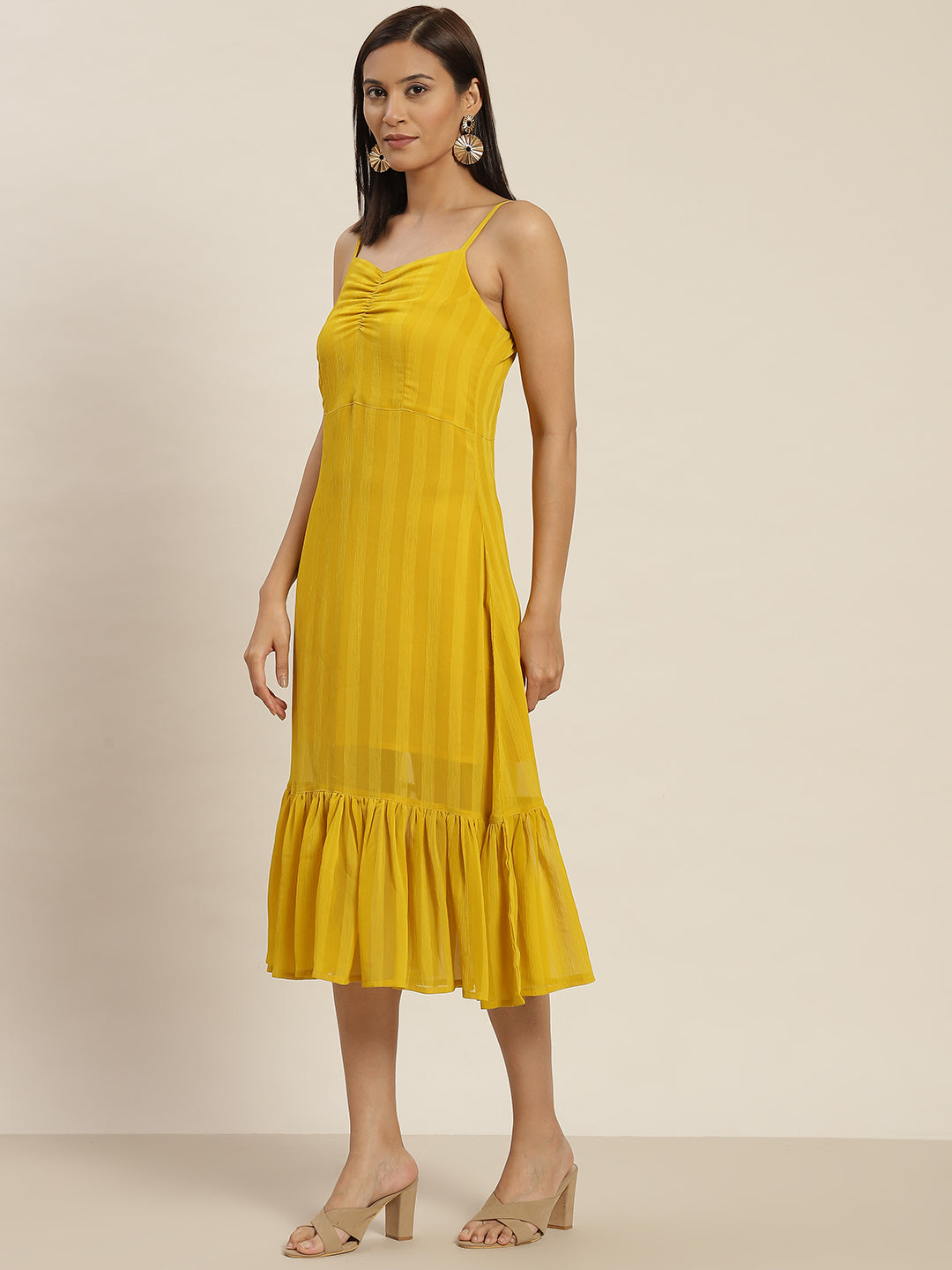 A Yellow Agastya Chiffon Strap Dress With Font Gathers And Flared Hem