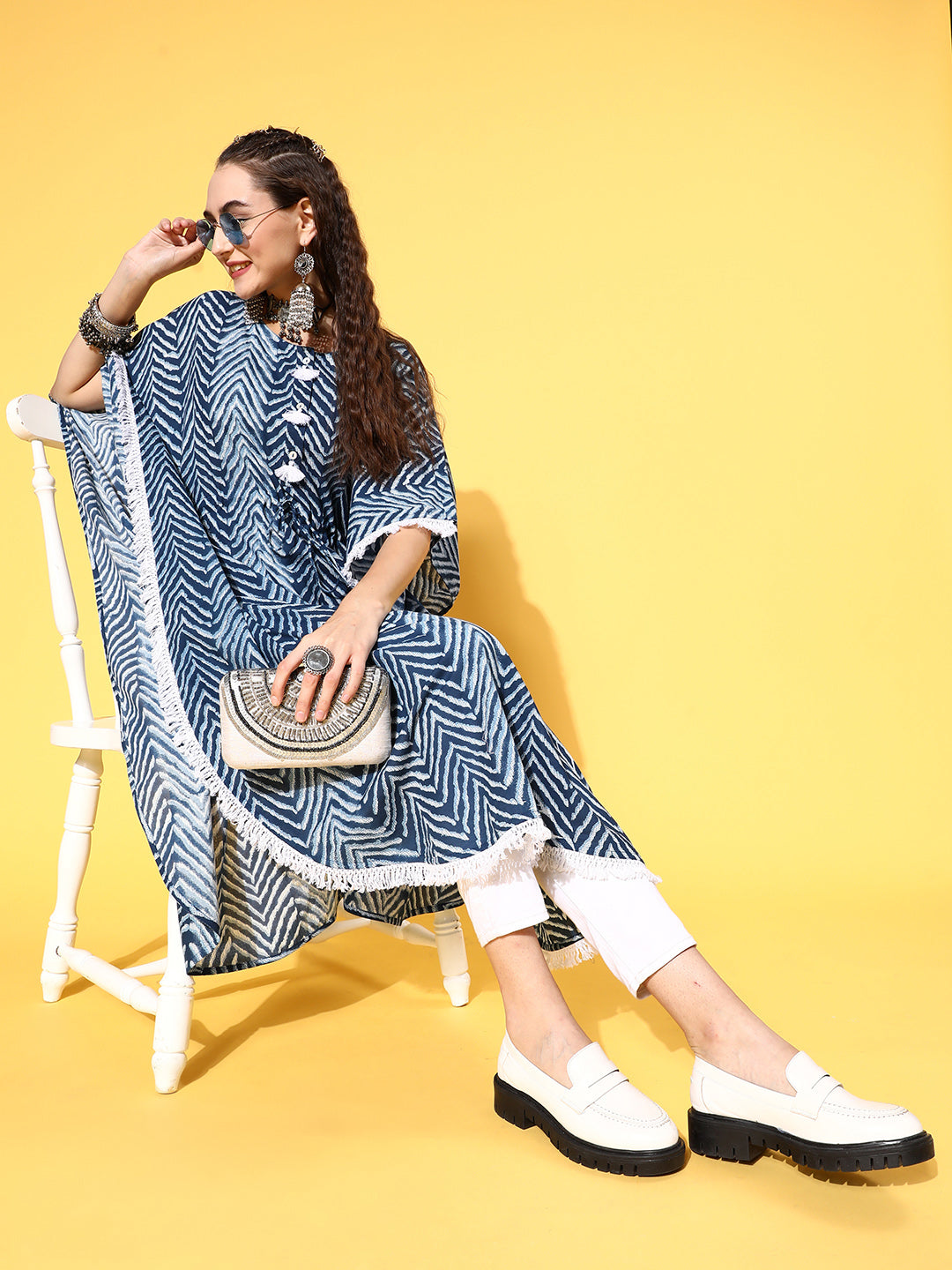 Buy Blue Zig-Zag Printed Kaftan Kurta with Round Neck & Lace Detailing For Women Online. Explore Our Collection Of Embroidered Ethnic Dresses at Jaipur Kurti