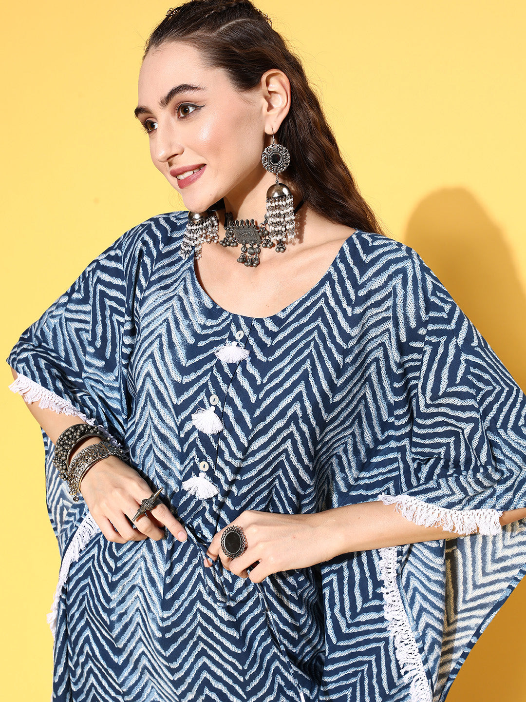 Buy Blue Zig-Zag Printed Kaftan Kurta with Round Neck & Lace Detailing For Women Online. Explore Our Collection Of Embroidered Ethnic Dresses at Jaipur Kurti