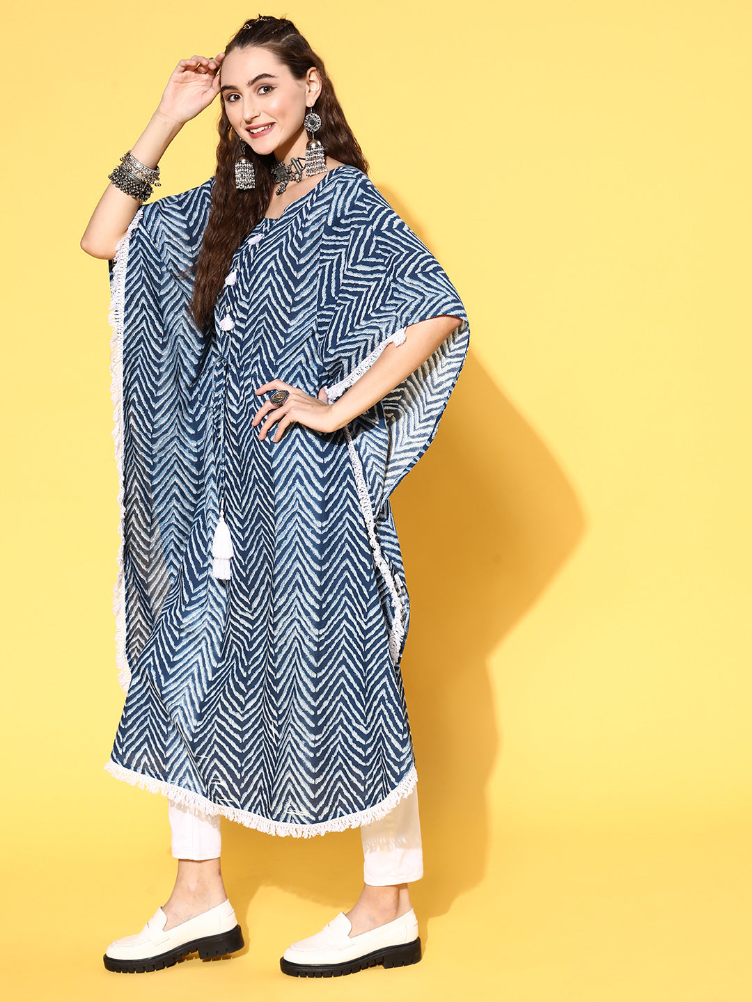 Buy Blue Zig-Zag Printed Kaftan Kurta with Round Neck & Lace Detailing For Women Online. Explore Our Collection Of Embroidered Ethnic Dresses at Jaipur Kurti