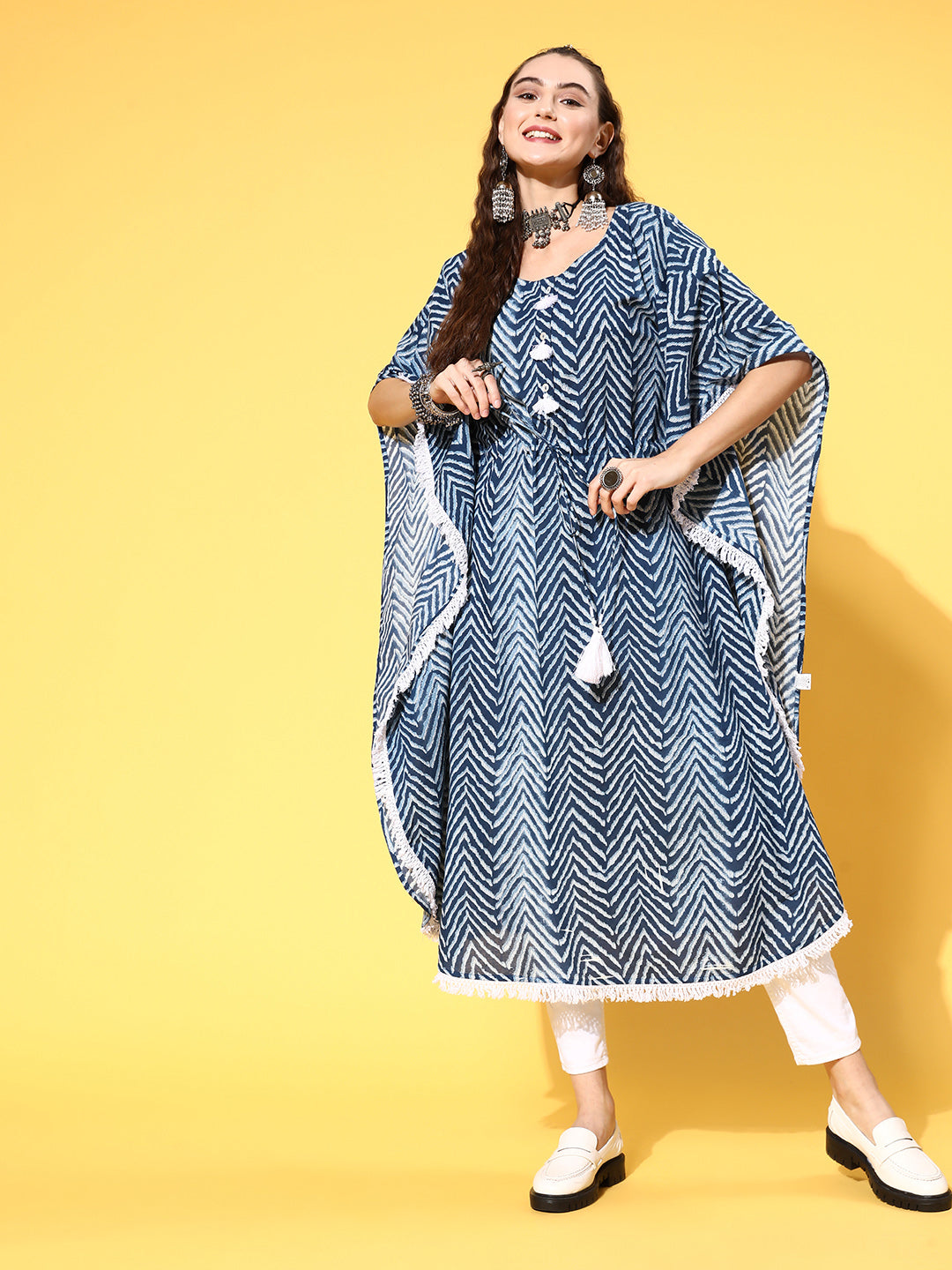 Buy Blue Zig-Zag Printed Kaftan Kurta with Round Neck & Lace Detailing For Women Online. Explore Our Collection Of Embroidered Ethnic Dresses at Jaipur Kurti