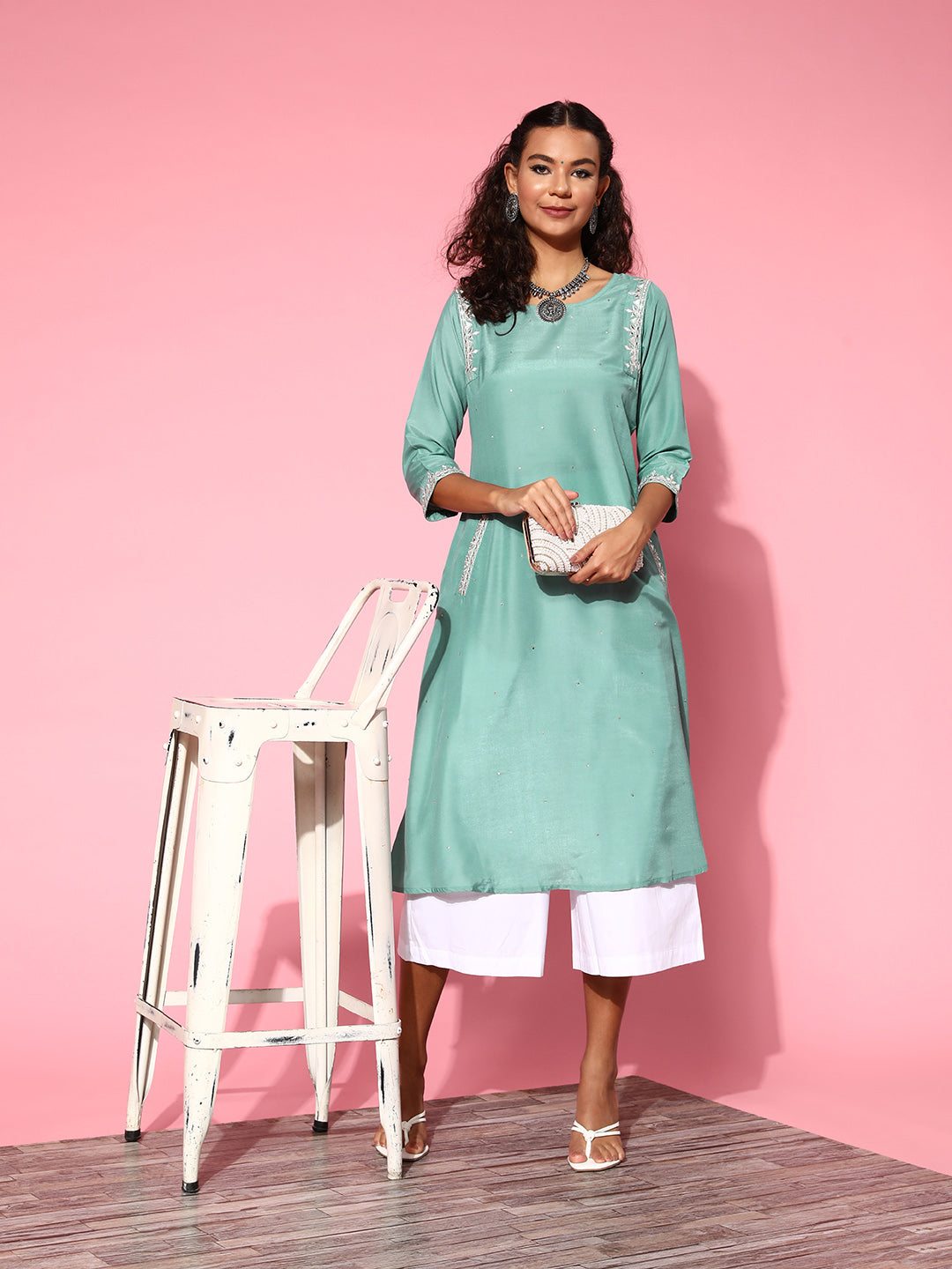 Buy Sea Green Mirror Work A-Line Kurta Online | Jaipur Kurta Shop Sea Green Silk Blend Mirror Work Three Fourth Sleeves Sequence Work Flared A line Kurta Online For Women at Jaipur Kurti Designer Ethnic Wear Brand