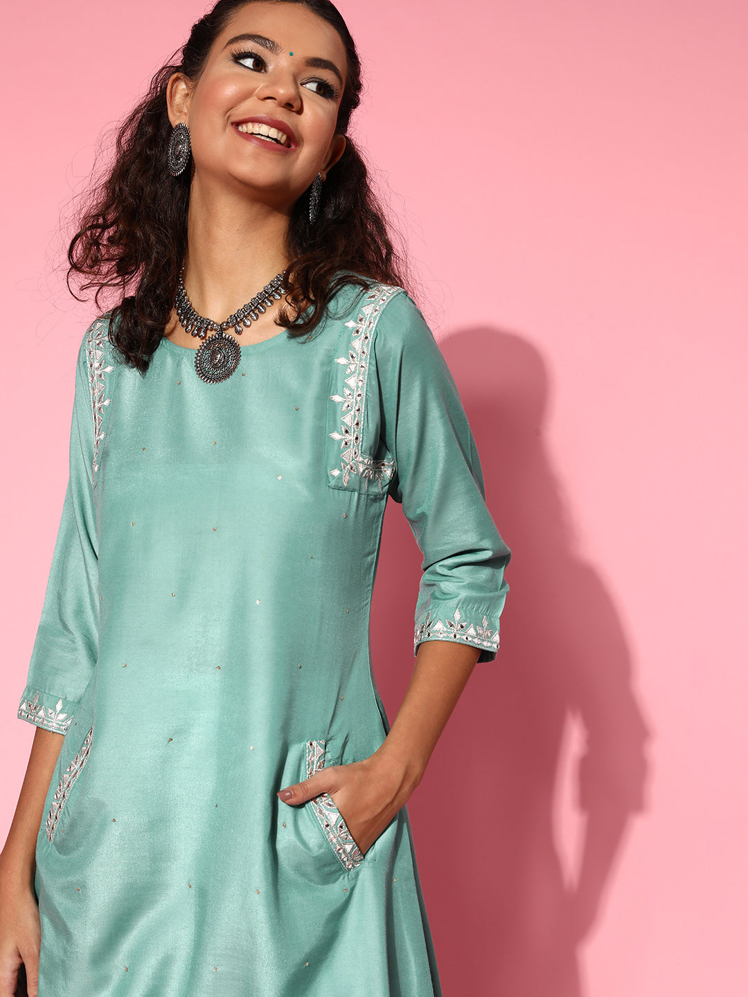 Buy Sea Green Mirror Work A-Line Kurta Online | Jaipur Kurta Shop Sea Green Silk Blend Mirror Work Three Fourth Sleeves Sequence Work Flared A line Kurta Online For Women at Jaipur Kurti Designer Ethnic Wear Brand