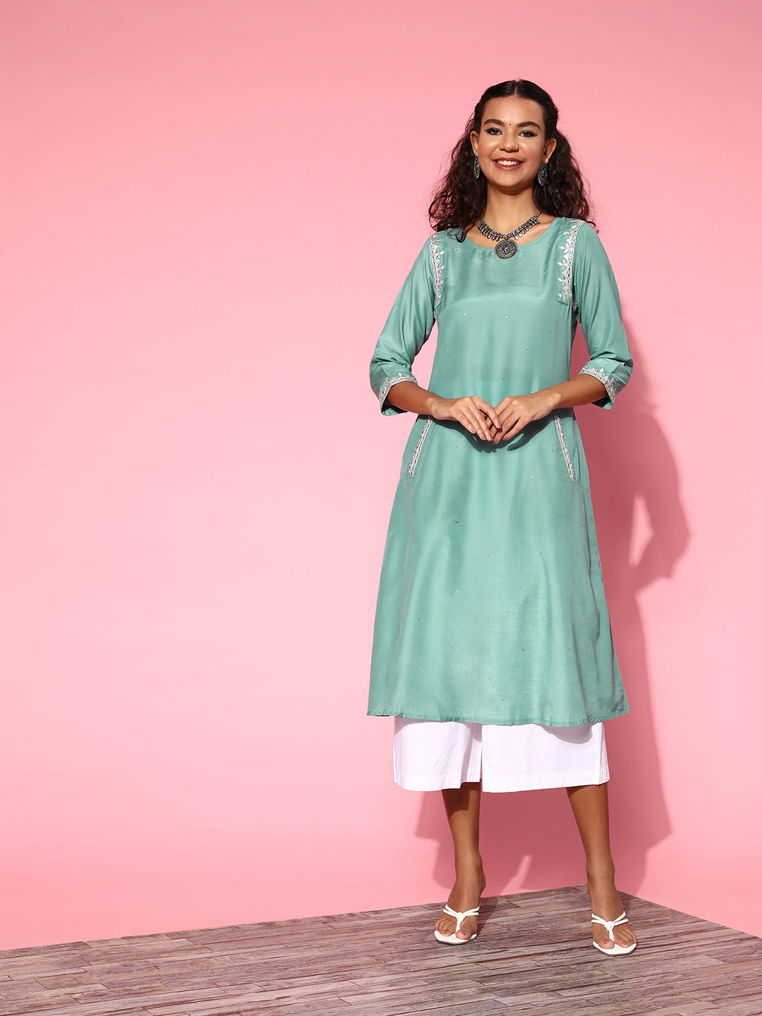 Buy Sea Green Mirror Work A-Line Kurta Online | Jaipur Kurta Shop Sea Green Silk Blend Mirror Work Three Fourth Sleeves Sequence Work Flared A line Kurta Online For Women at Jaipur Kurti Designer Ethnic Wear Brand