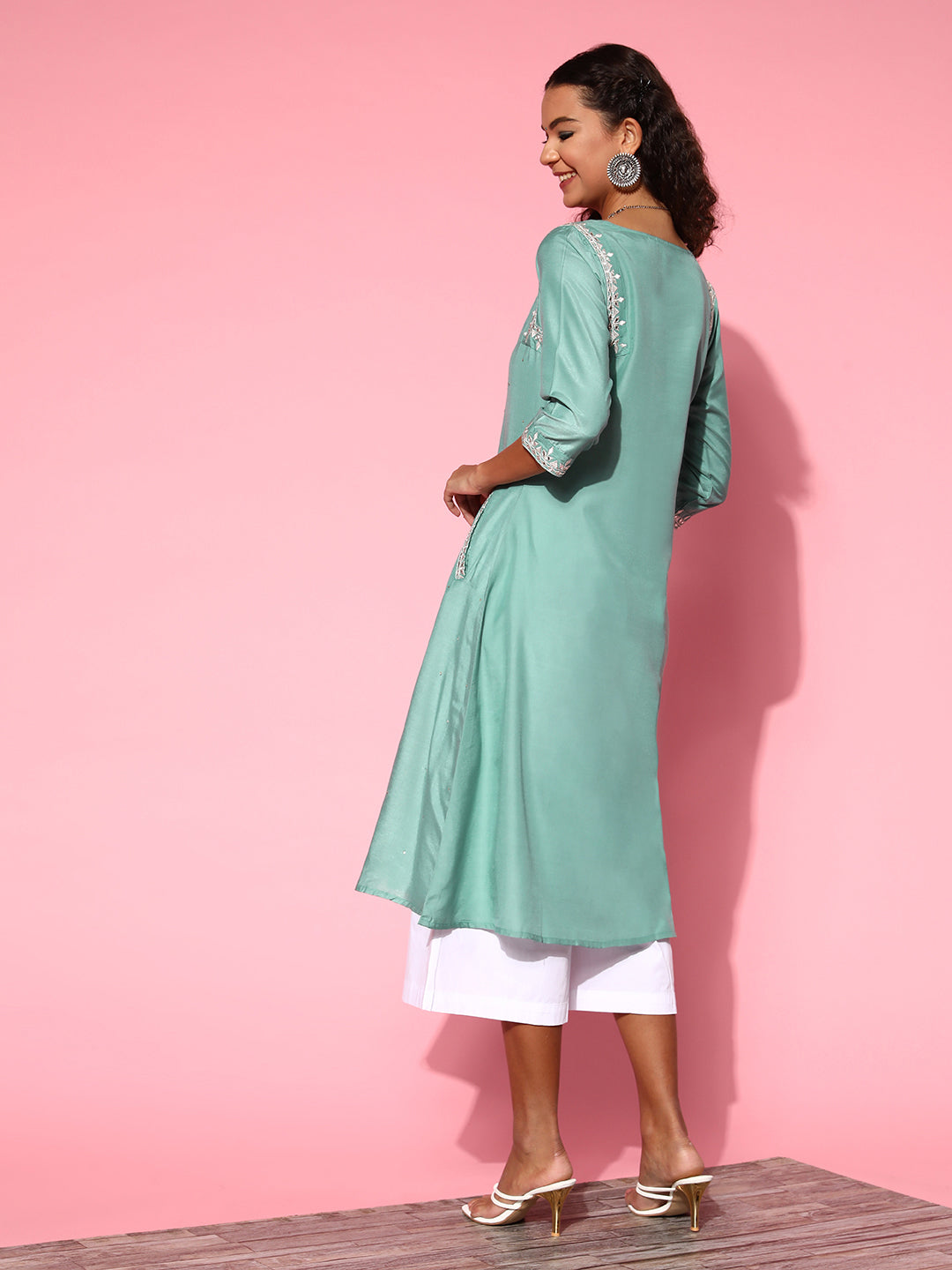 Buy Sea Green Mirror Work A-Line Kurta Online | Jaipur Kurta Shop Sea Green Silk Blend Mirror Work Three Fourth Sleeves Sequence Work Flared A line Kurta Online For Women at Jaipur Kurti Designer Ethnic Wear Brand