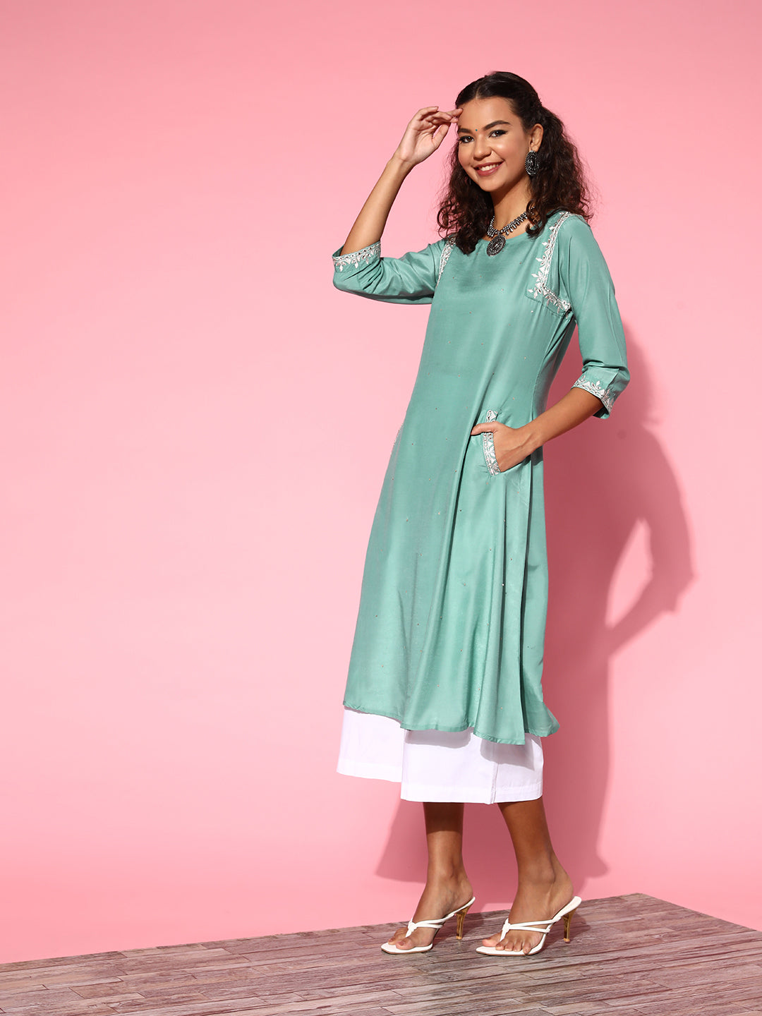 Buy Sea Green Mirror Work A-Line Kurta Online | Jaipur Kurta Shop Sea Green Silk Blend Mirror Work Three Fourth Sleeves Sequence Work Flared A line Kurta Online For Women at Jaipur Kurti Designer Ethnic Wear Brand