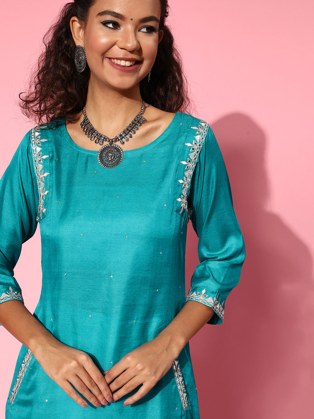 Turquoise Blue Silk Blend Mirror Work A-Line Kurta