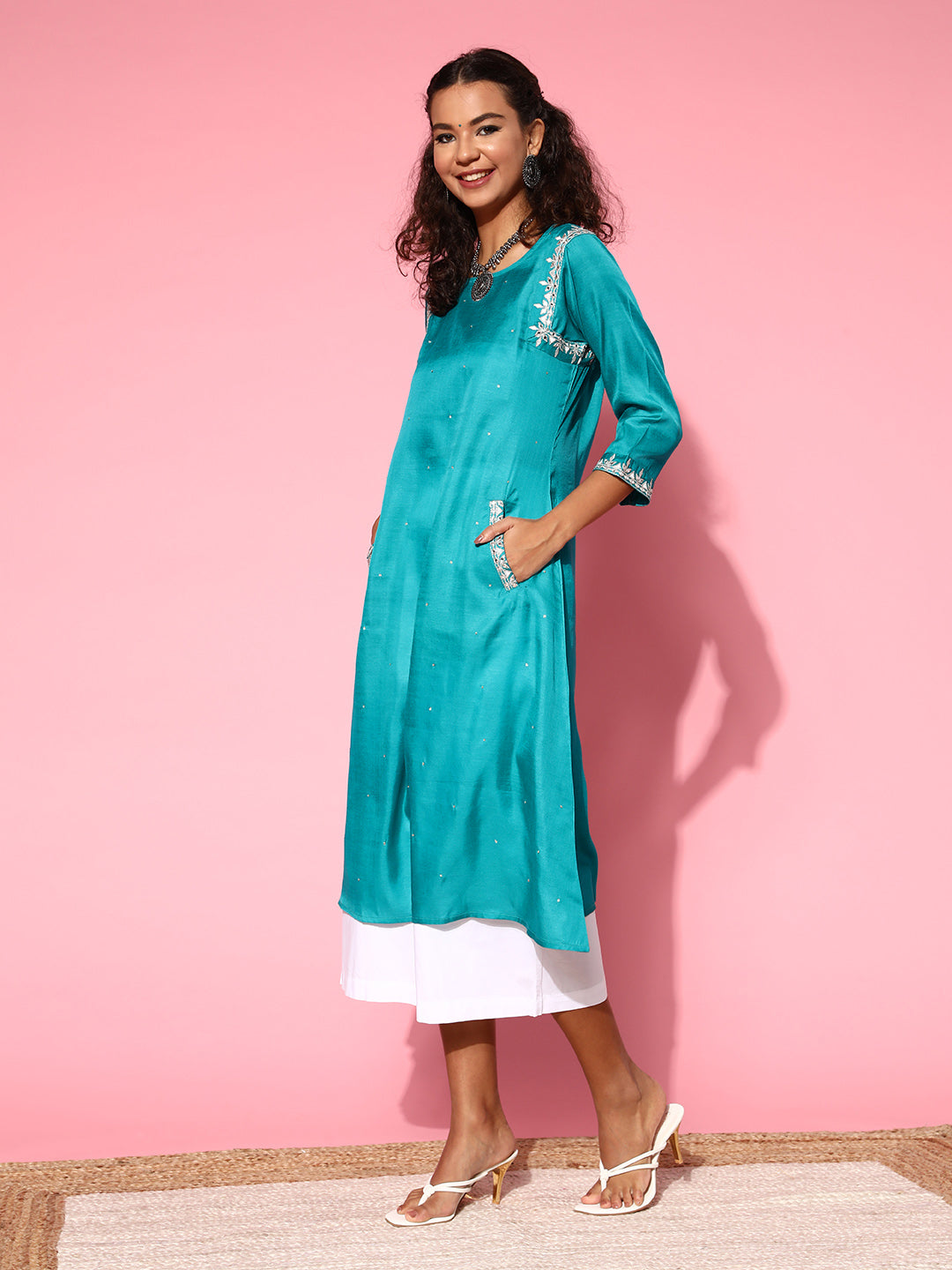 Turquoise Blue Silk Blend Mirror Work A-Line Kurta