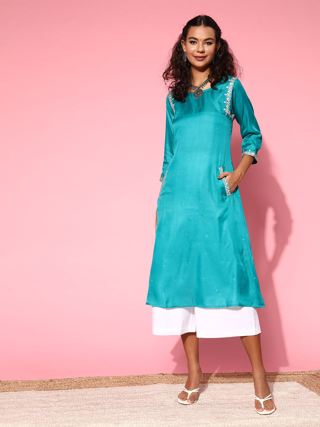 Turquoise Blue Silk Blend Mirror Work A-Line Kurta