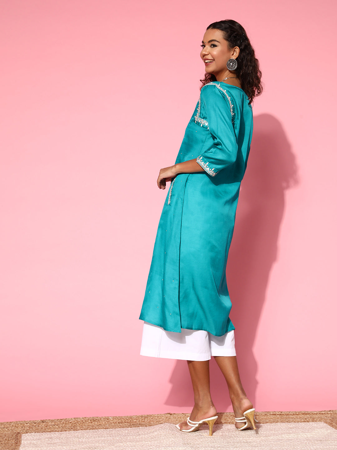 Shop Turquoise Blue Silk Blend Mirror Work Three Fourth Sleeves Sequence Work Flared A line Kurta Online For Women at Jaipur Kurti Designer Ethnic Wear Brand