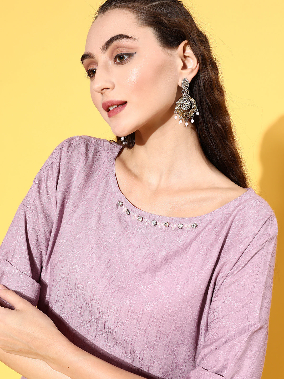Shop Stylish New Mauve Color Self Weave Embellished Top With Extended Sleeves & Tie-Up Belt for Women Online at Jaipur Kurti India's Ethnic Wear Brand