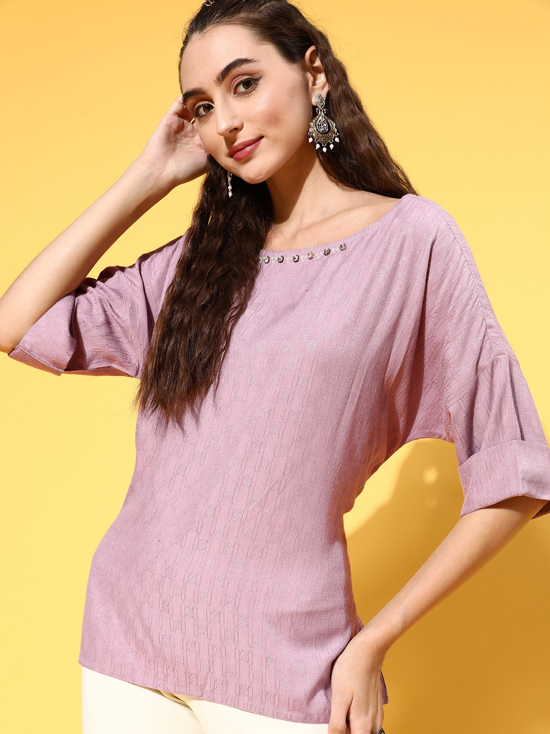 Shop Stylish New Mauve Color Self Weave Embellished Top With Extended Sleeves & Tie-Up Belt for Women Online at Jaipur Kurti India's Ethnic Wear Brand