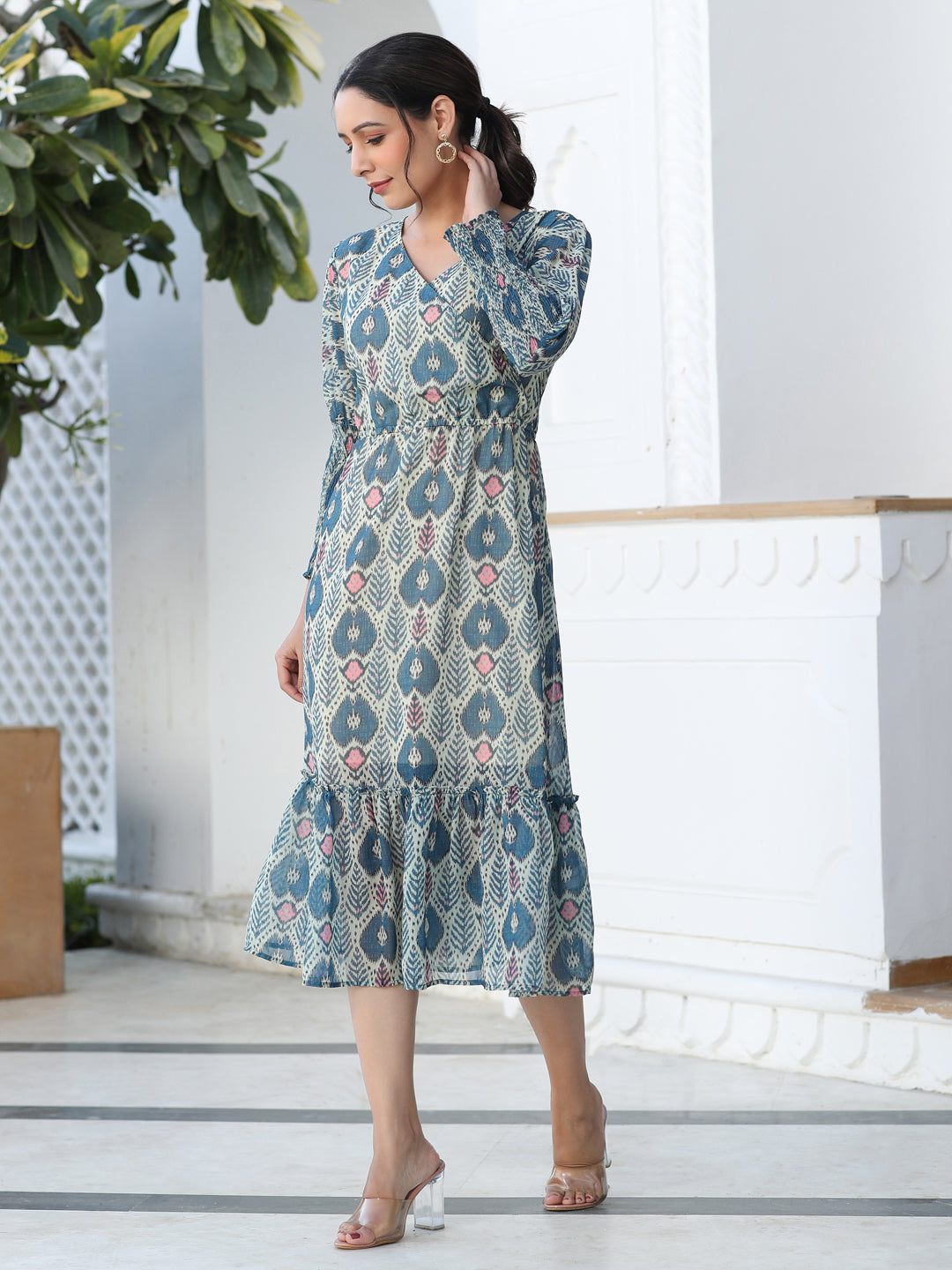 Blue Ikat Digital Printed Wrap Look Gerogette Dress