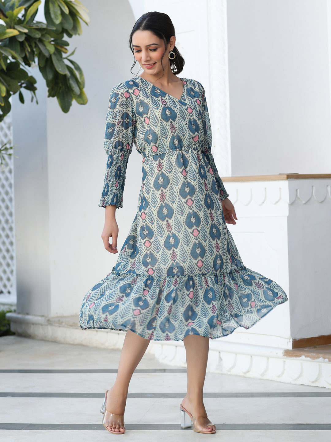 Blue Ikat Digital Printed Wrap Look Gerogette Dress