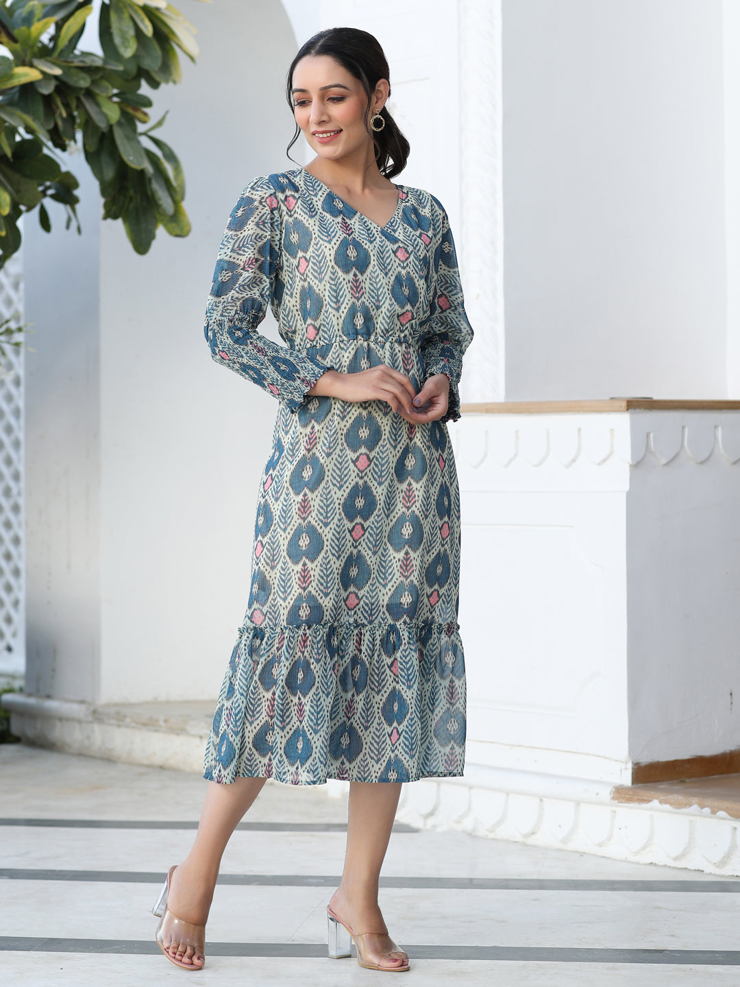 Blue Ikat Digital Printed Wrap Look Gerogette Dress