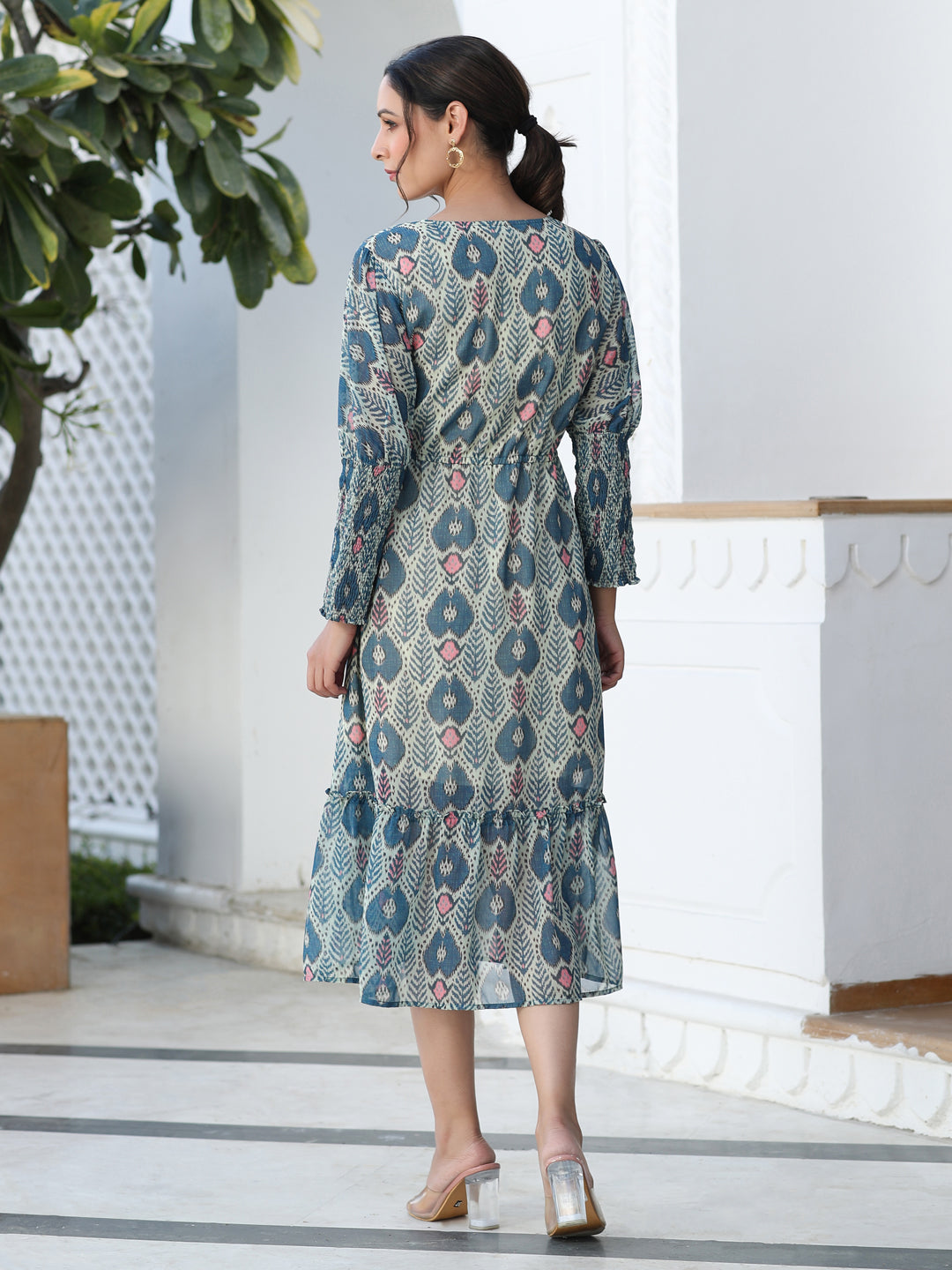 Blue Ikat Digital Printed Wrap Look Gerogette Dress