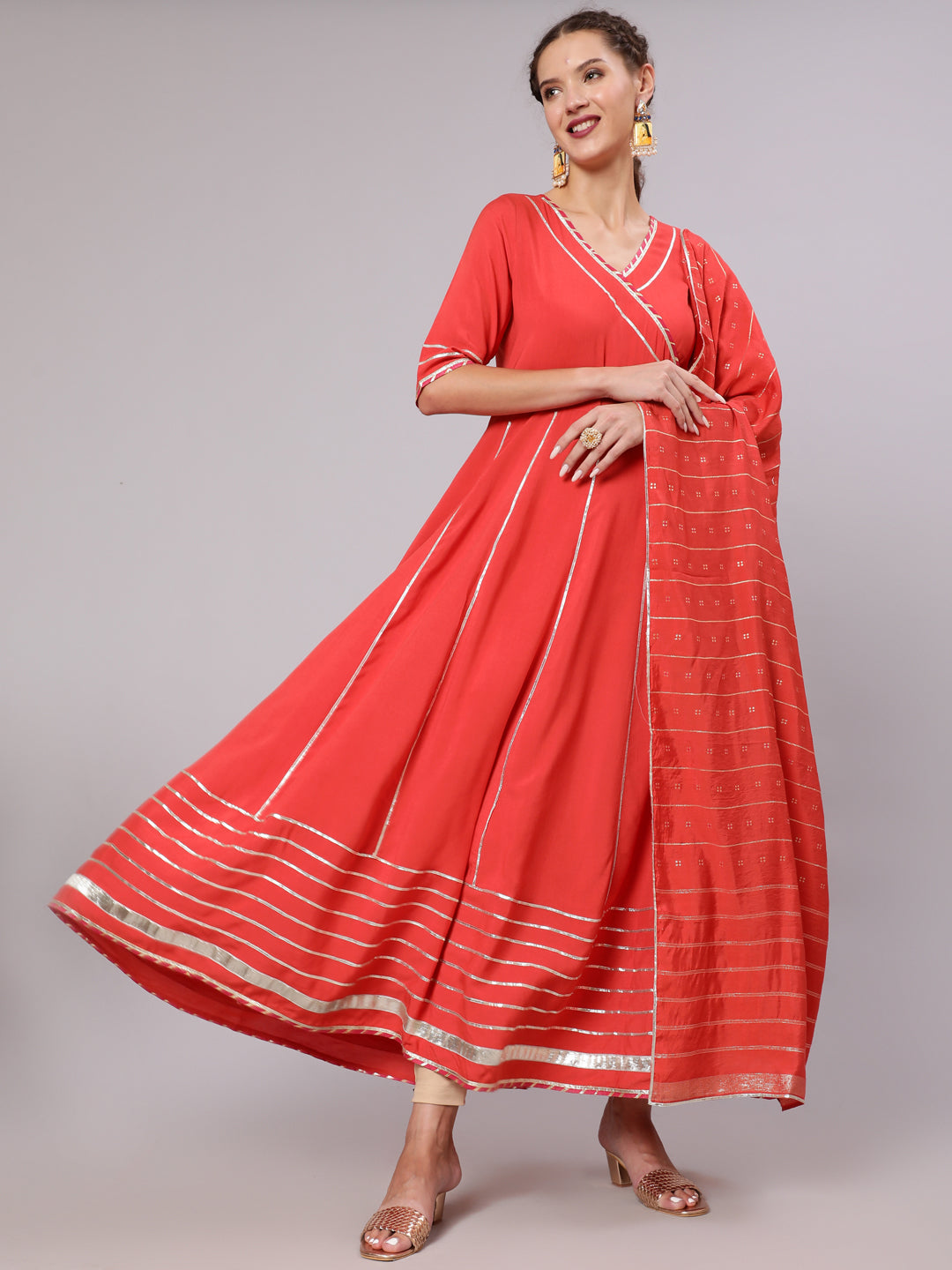 RUST Anarkali Kurta With Chanderi Dupatta, Women's Rayon Solid rust Gota Embellished Anarkali Kurta With Chanderi Dupatta, Rayon Anarkali Kurta With V- Neckline & Half Sleeves Online, Ethnic Wear Rayon Kurta With Chanderi Dupatta For This Festive Season