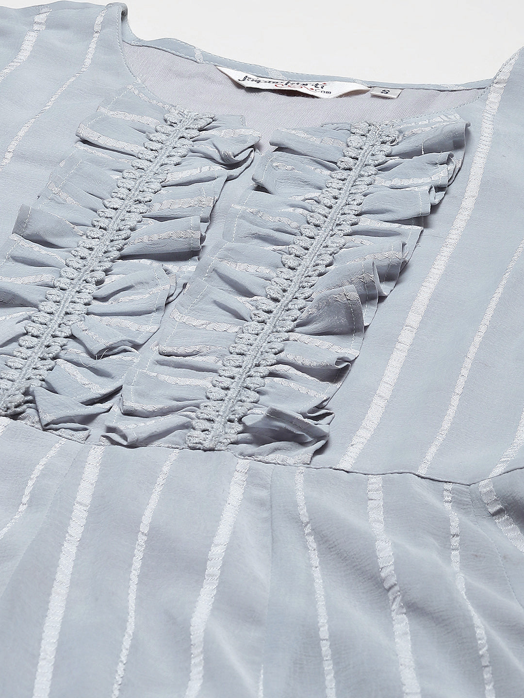 A Grey Color Striped Georgette Flared Dress With Front Gathers And Laced Up