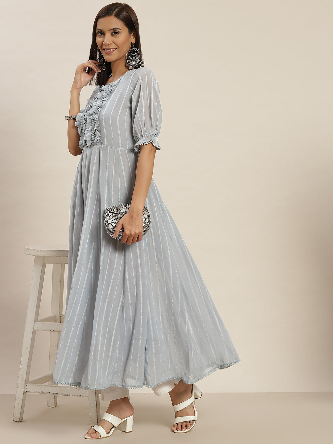 A Grey Color Striped Georgette Flared Dress With Front Gathers And Laced Up