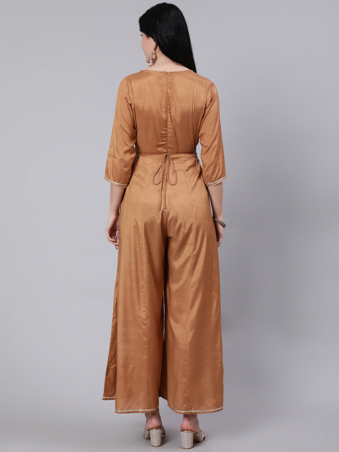 Camel Brown Silk Blend Embroidered Kali Jumsuit With Embroidered Belt