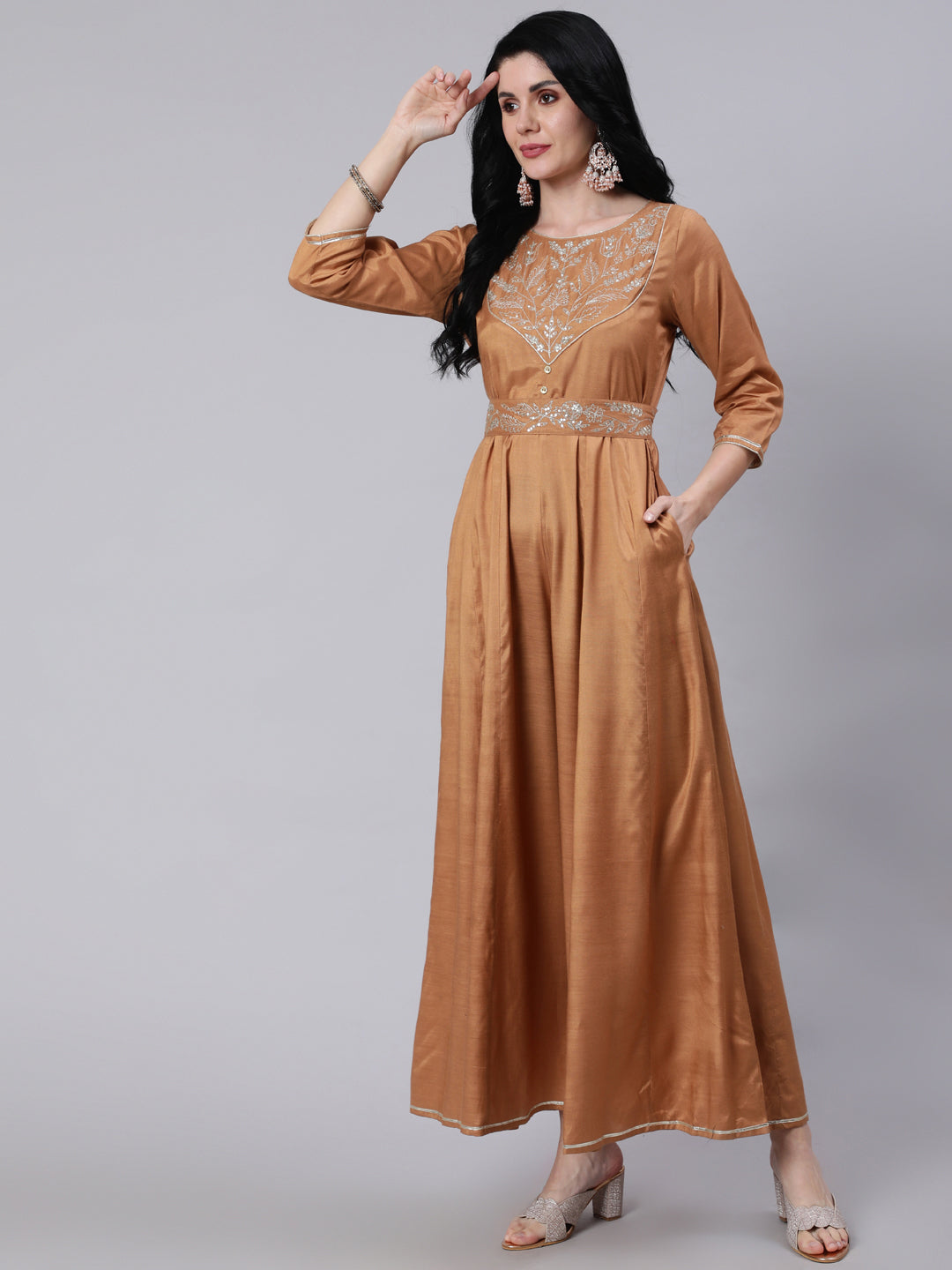 Camel Brown Silk Blend Embroidered Kali Jumsuit With Embroidered Belt