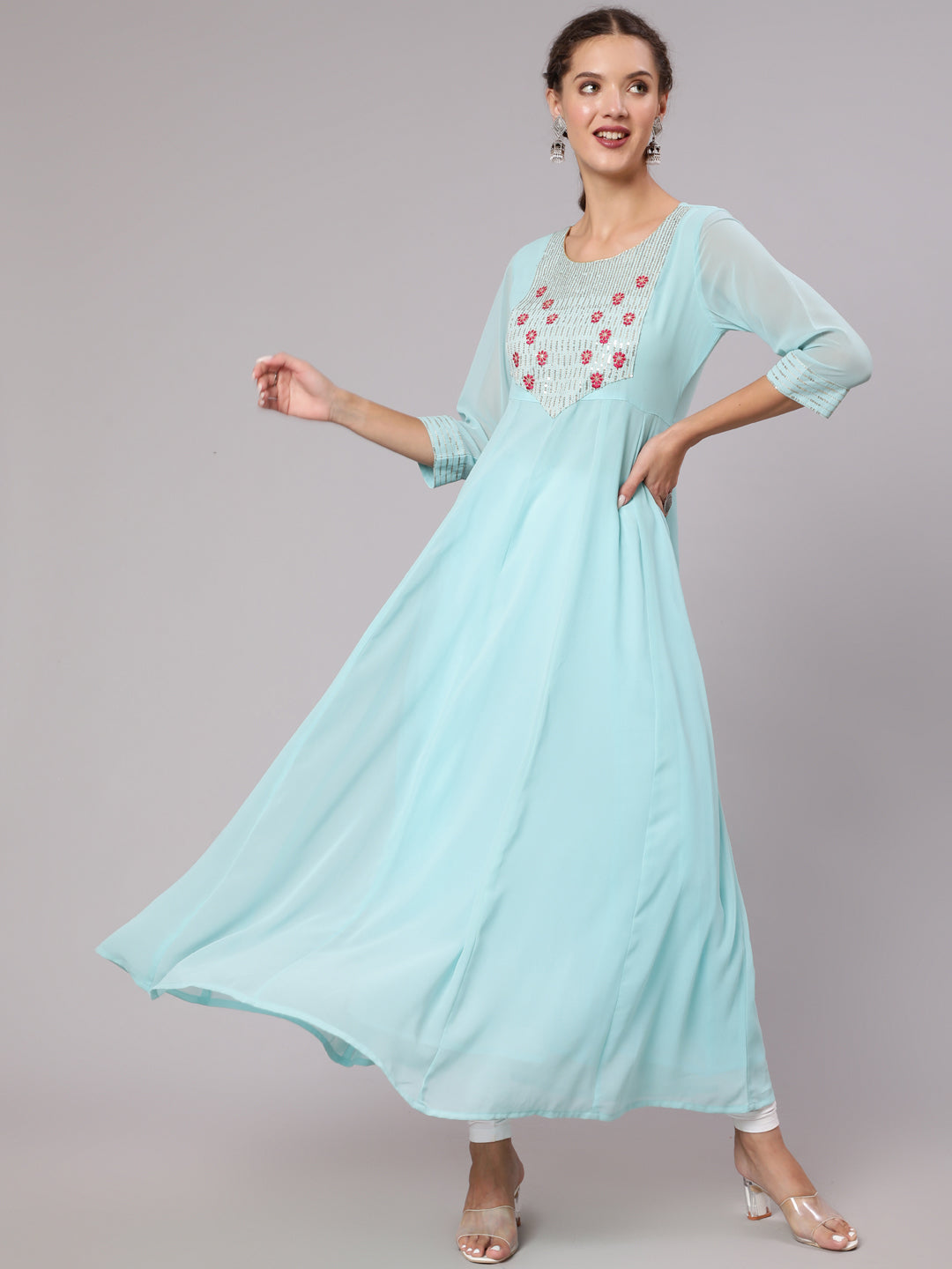 Buy Aqua Georgette Embroidered Anarkali Kurta | Jaipur Kurti Shop Party wear Aqua Georgette Floor Length Sequence & Thread Embroidered Flared Anarkali Kurta with Three Fourth Sleeves for Women Online at Jaipur Kurti