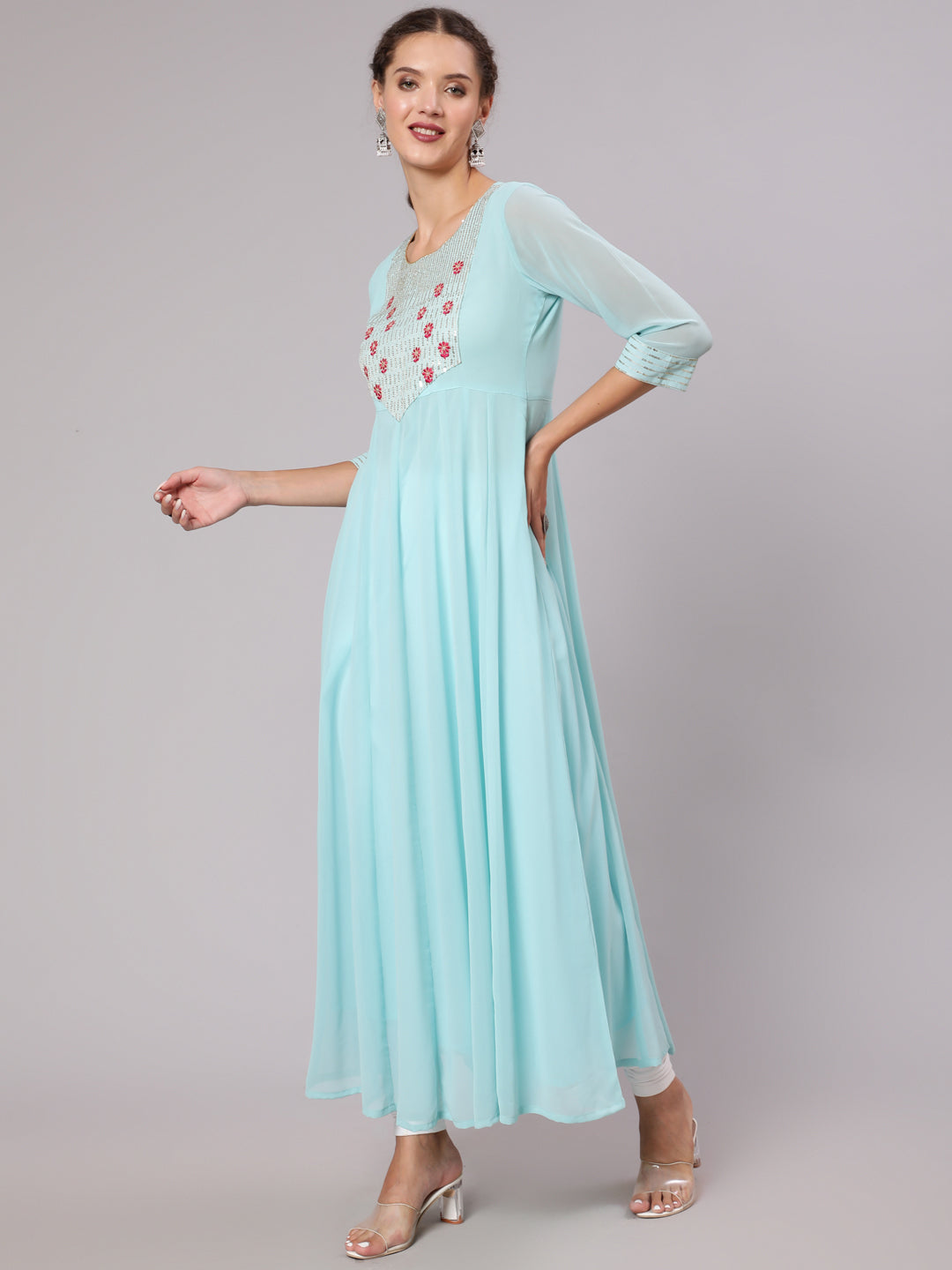 Buy Aqua Georgette Embroidered Anarkali Kurta | Jaipur Kurti Shop Party wear Aqua Georgette Floor Length Sequence & Thread Embroidered Flared Anarkali Kurta with Three Fourth Sleeves for Women Online at Jaipur Kurti