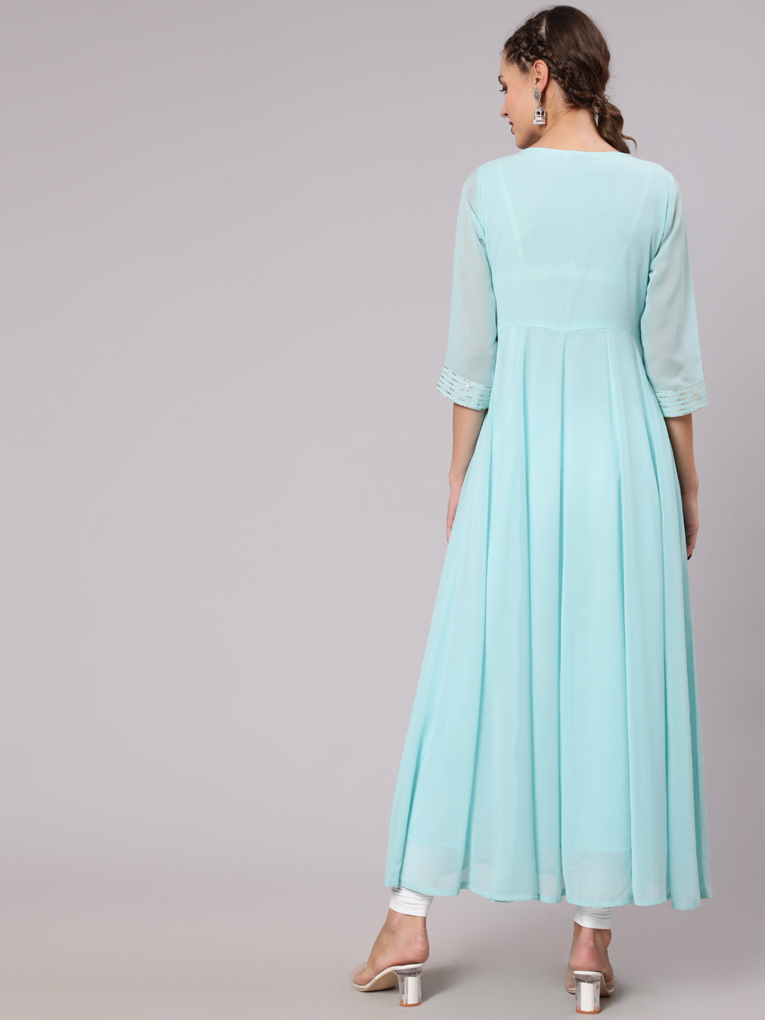 Buy Aqua Georgette Embroidered Anarkali Kurta | Jaipur Kurti Shop Party wear Aqua Georgette Floor Length Sequence & Thread Embroidered Flared Anarkali Kurta with Three Fourth Sleeves for Women Online at Jaipur Kurti
