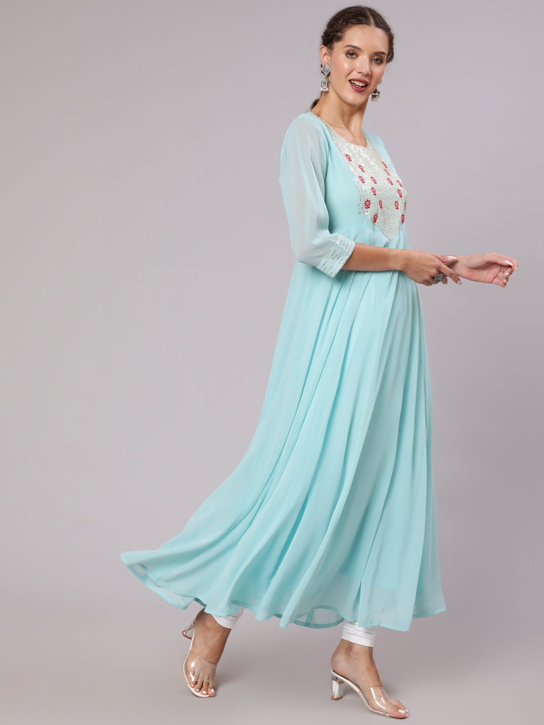 Buy Aqua Georgette Embroidered Anarkali Kurta | Jaipur Kurti Shop Party wear Aqua Georgette Floor Length Sequence & Thread Embroidered Flared Anarkali Kurta with Three Fourth Sleeves for Women Online at Jaipur Kurti