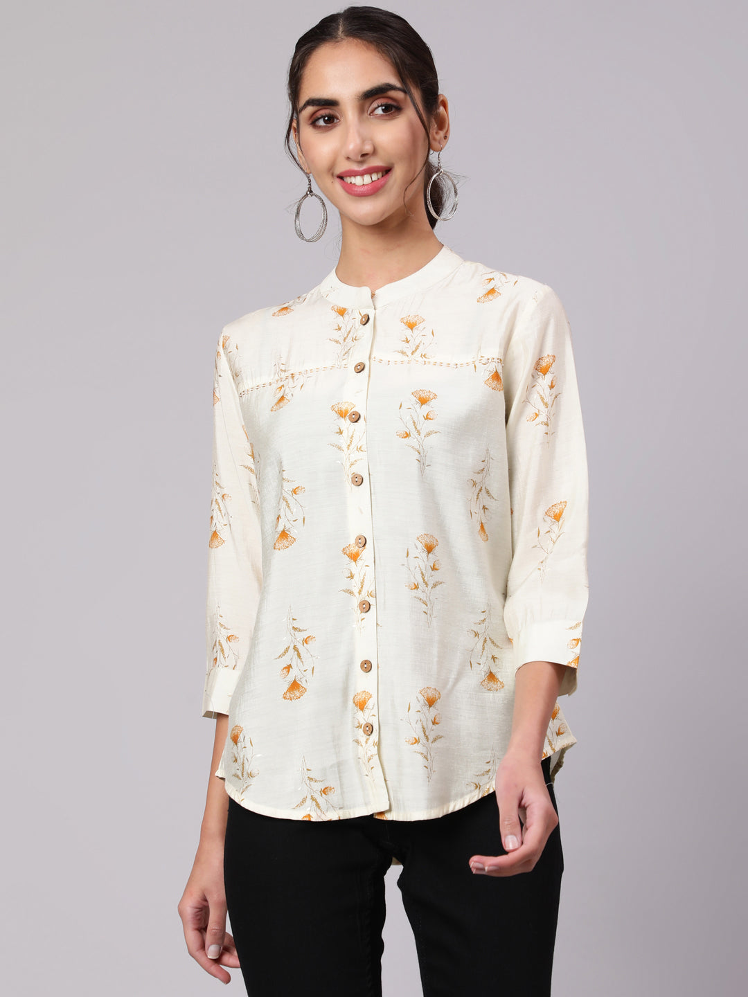 Mustard Chanderi Foil Printed Embroidered Shirt With Curved Hem
