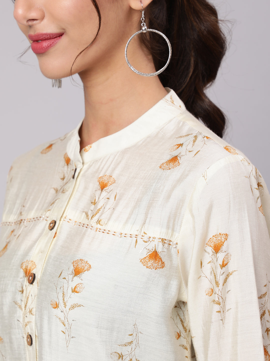 Mustard Chanderi Foil Printed Embroidered Shirt With Curved Hem