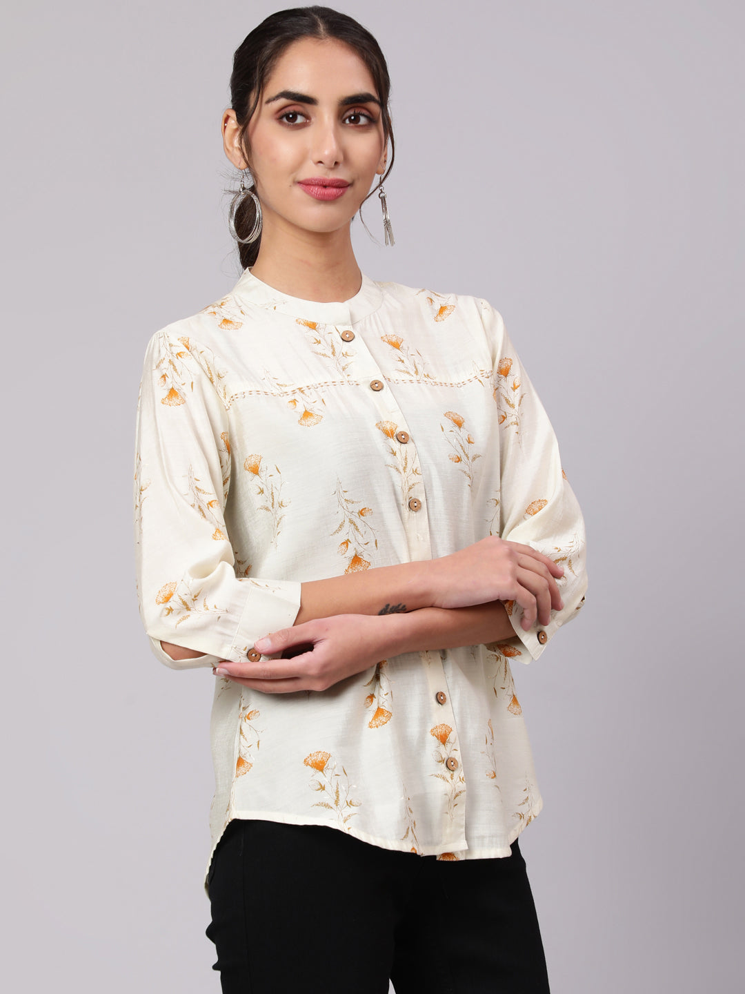 Mustard Chanderi Foil Printed Embroidered Shirt With Curved Hem