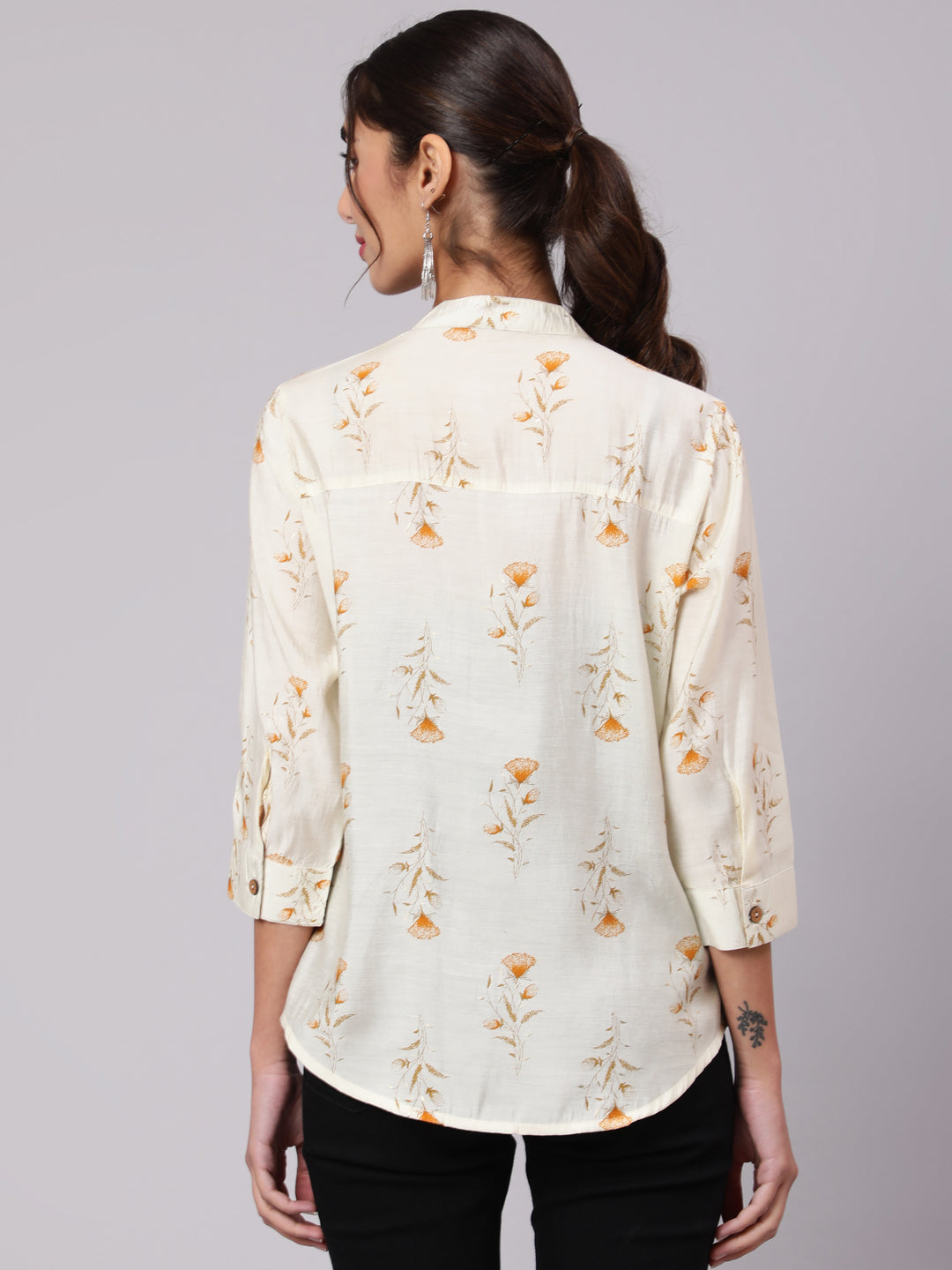 Mustard Chanderi Foil Printed Embroidered Shirt With Curved Hem